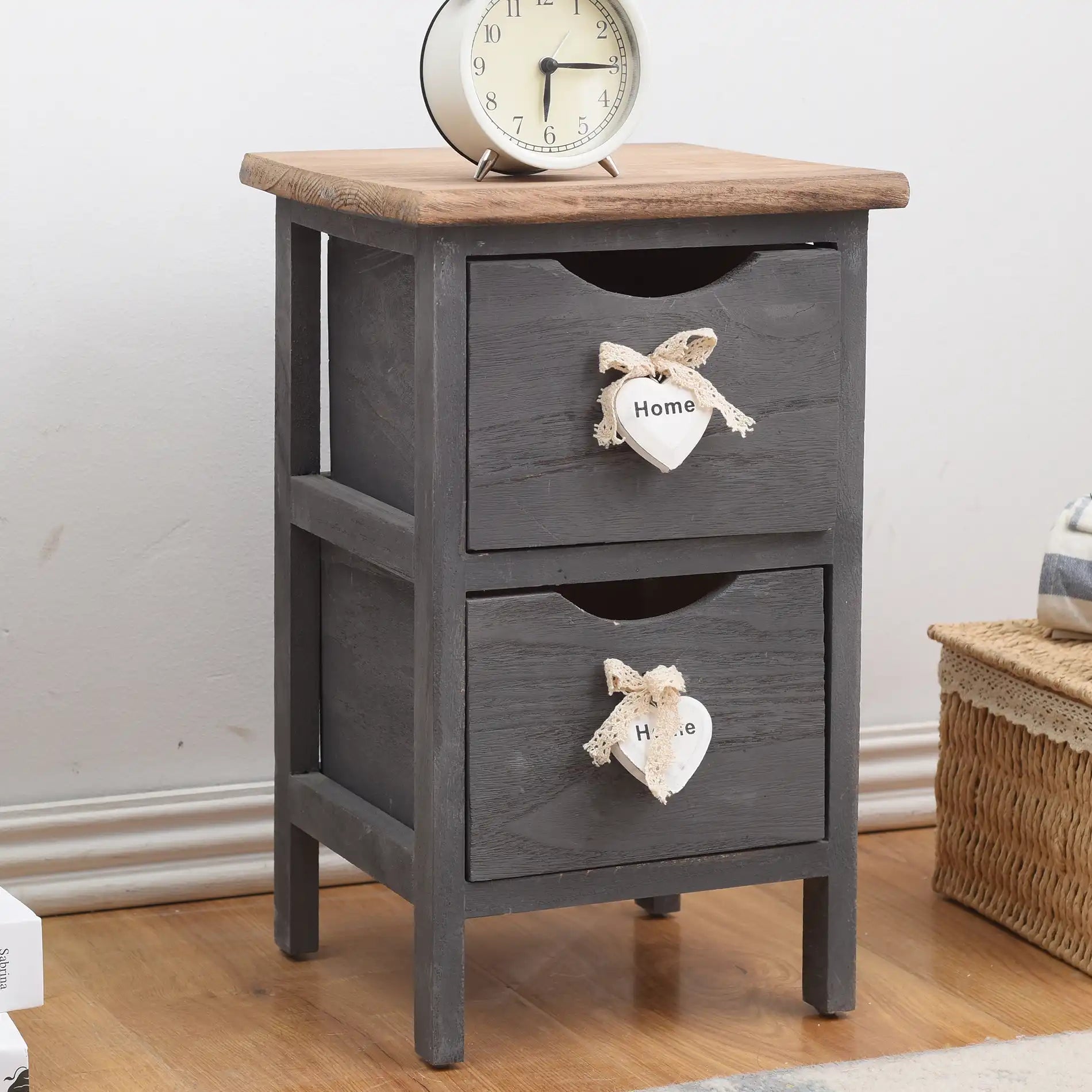 Olmaria - Piccolo comodino shabby grigio con 2 cassetti