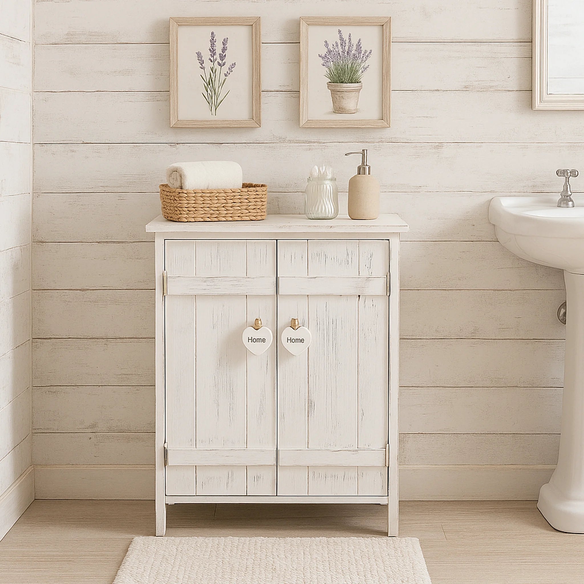 Veronica - Mobiletto per bagno shabby con 2 ante bianco decapato