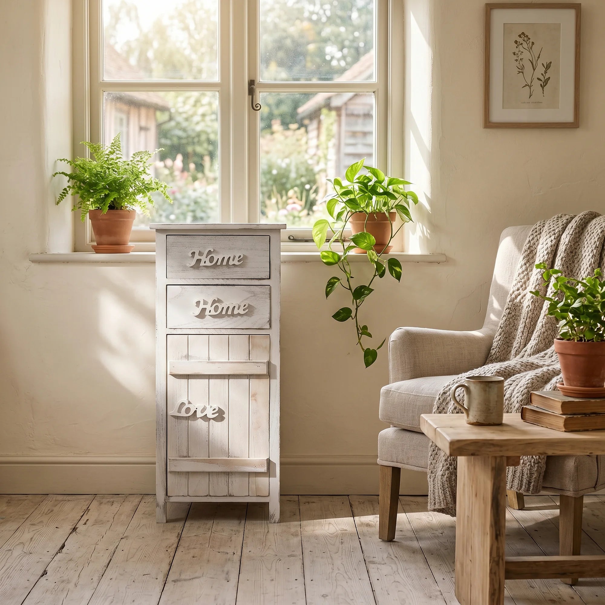 Scilla - Mobiletto shabby bianco decorato con scritte