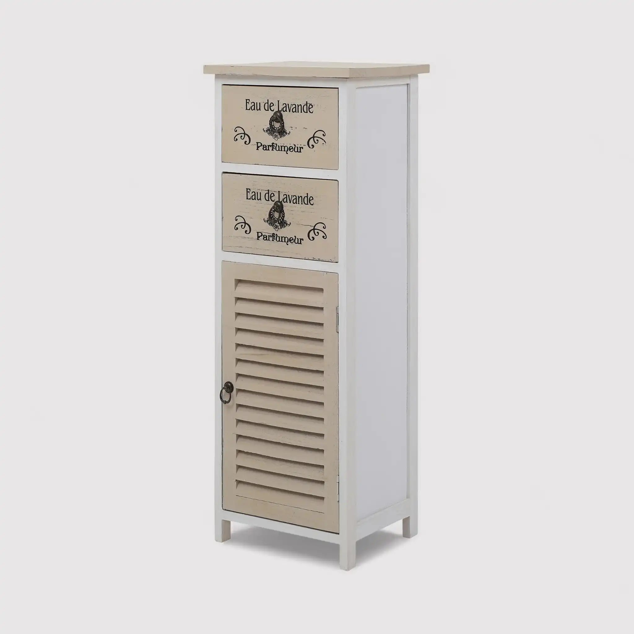 Shabby Badezimmerschrank in beige 2 Schubladen und 1 Tür dekoriert