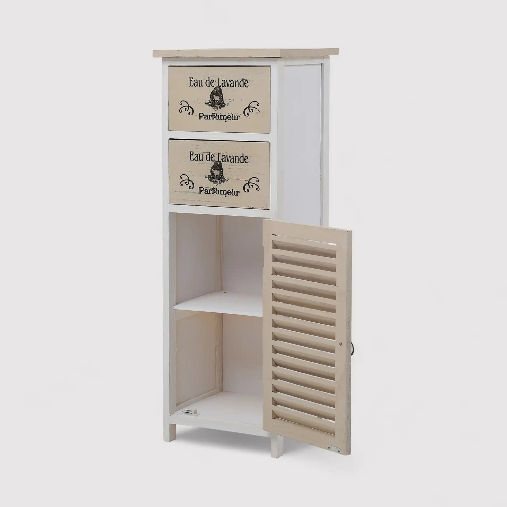 Shabby Badezimmerschrank in beige 2 Schubladen und 1 Tür dekoriert