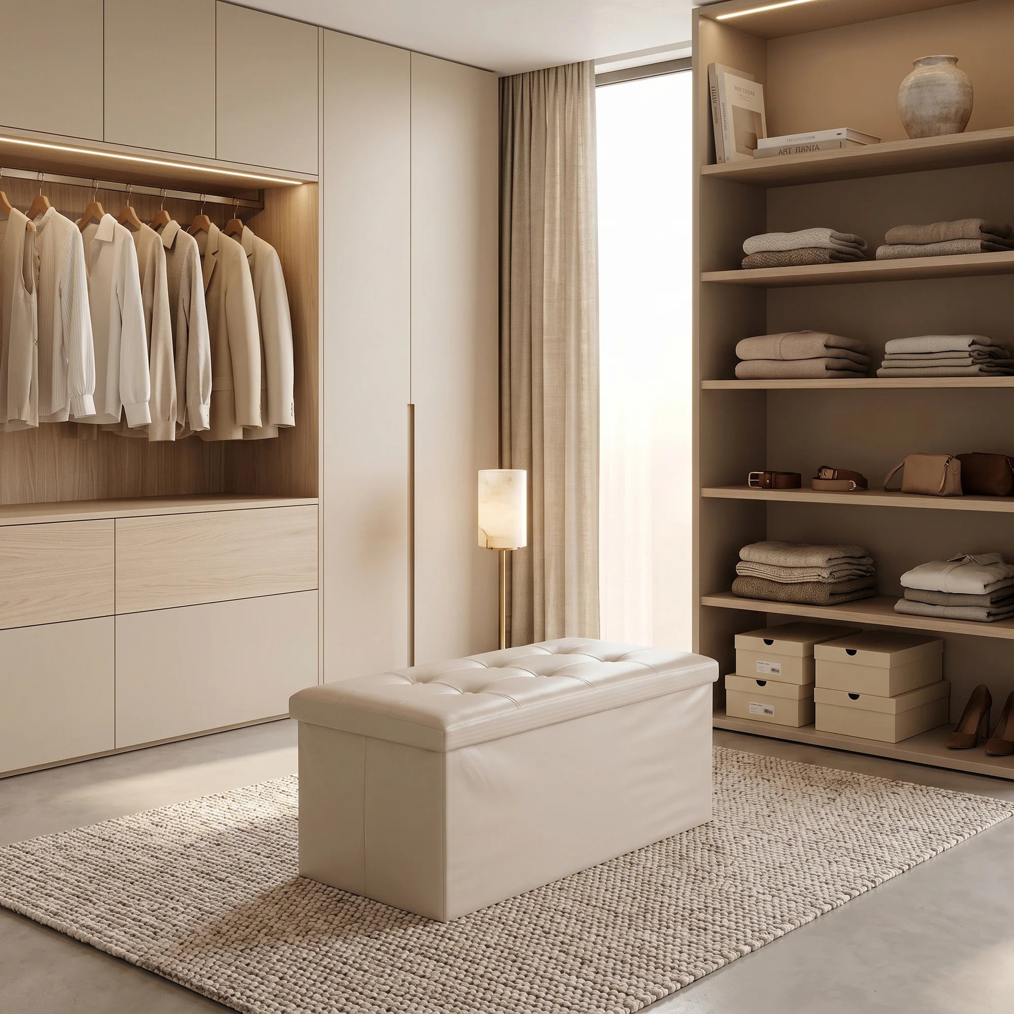 Alisso - Pouf portaoggetti beige imbottito da salotto