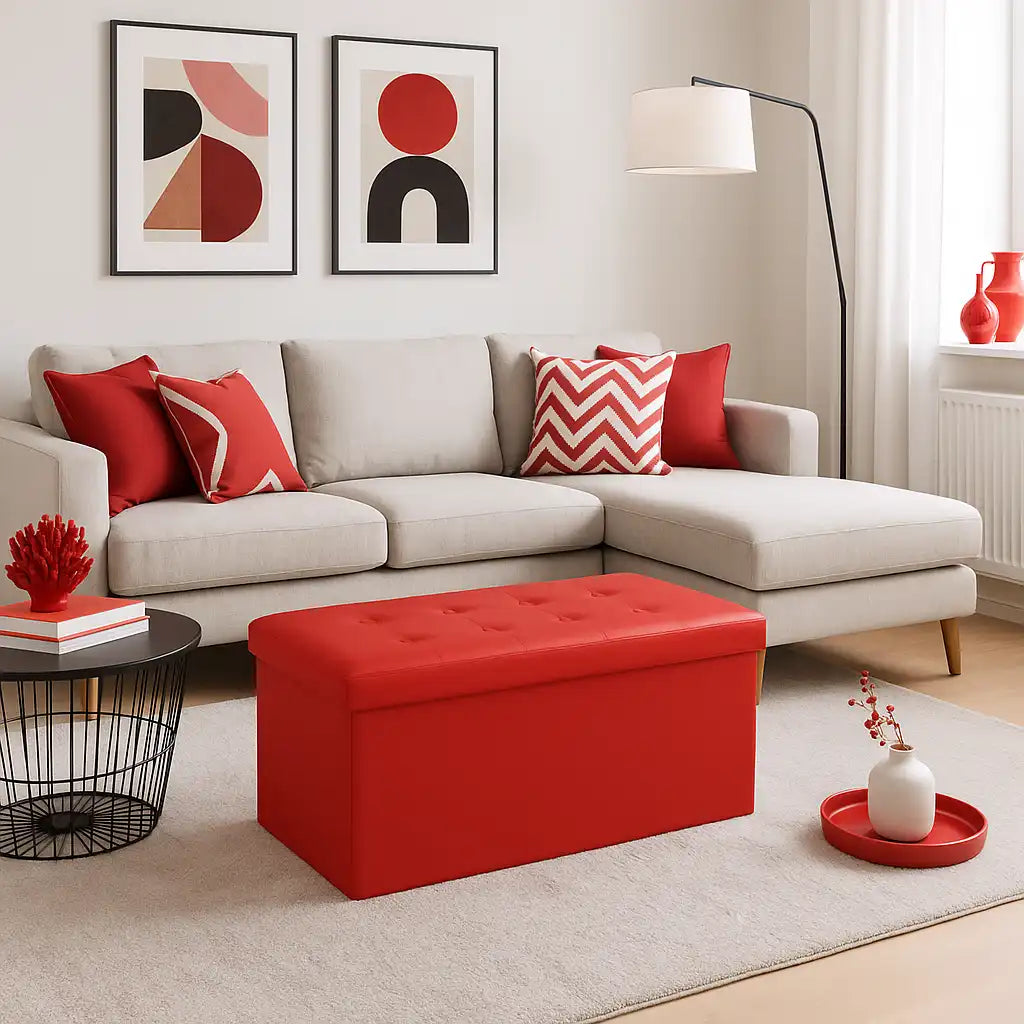 Calicanto - Pouf portaoggetti rosso imbottito con coperchio