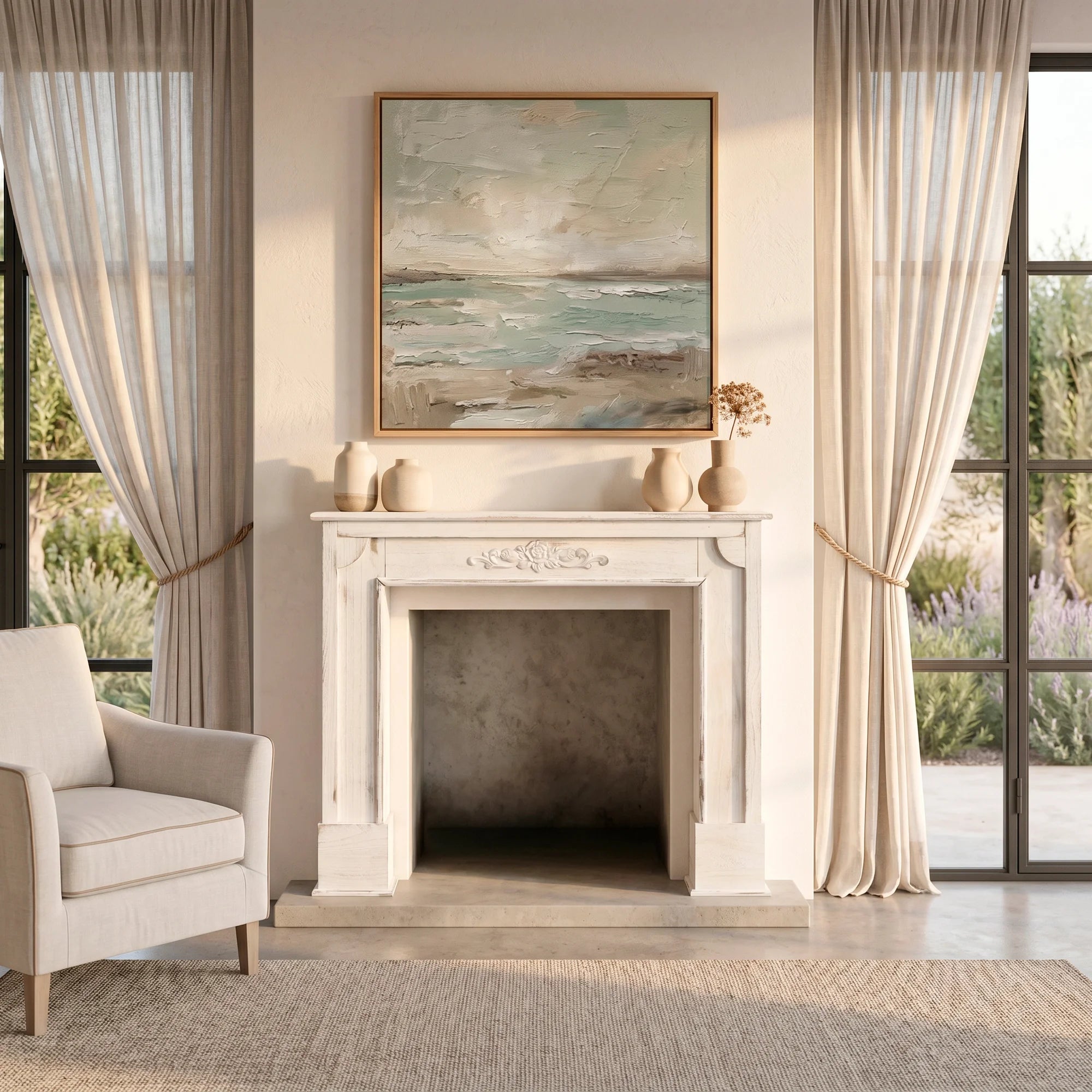 Citiso - Cornice camino shabby in legno bianco da salotto