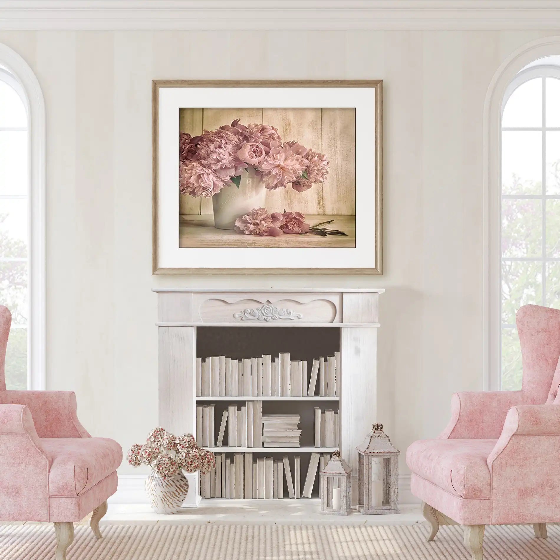 Asperula - Finto camino shabby chic bianco per salotto