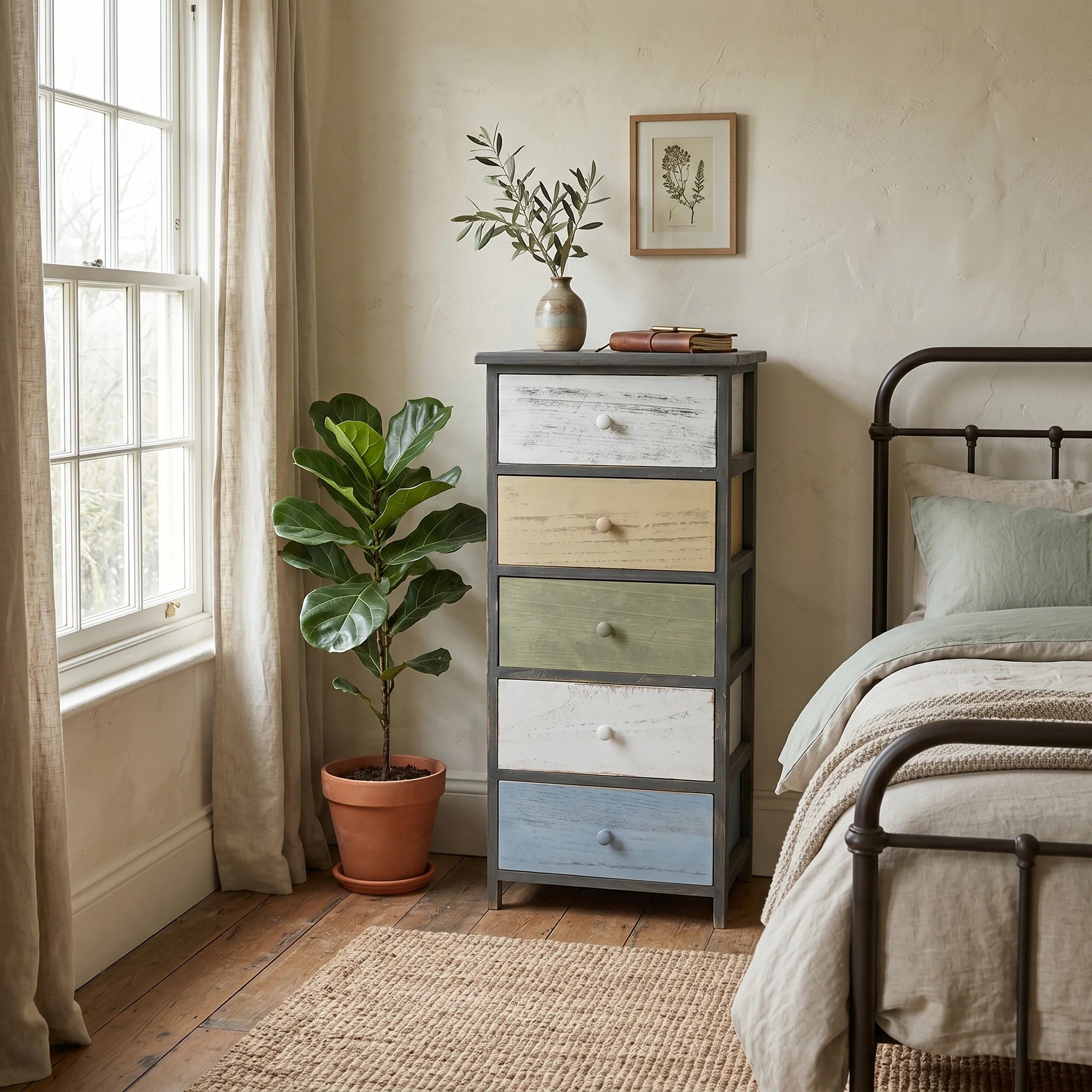 Robinia - Cassettiera colorata in stile vintage con 5 cassetti
