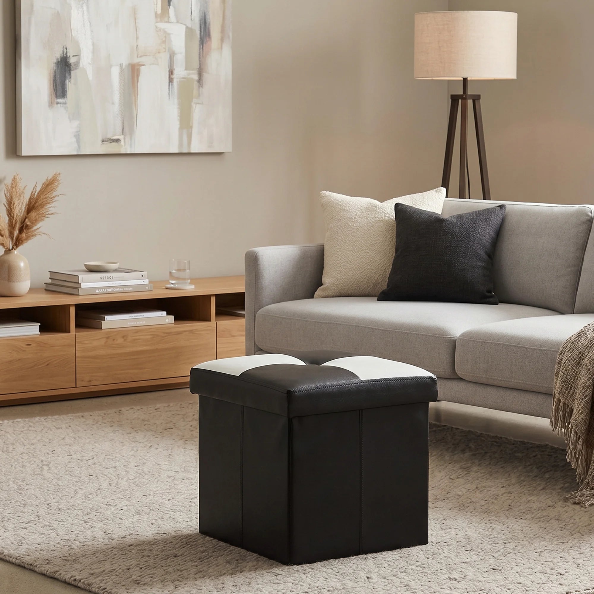 Tadmit - Pouf contenitore quadrato bianco e nero