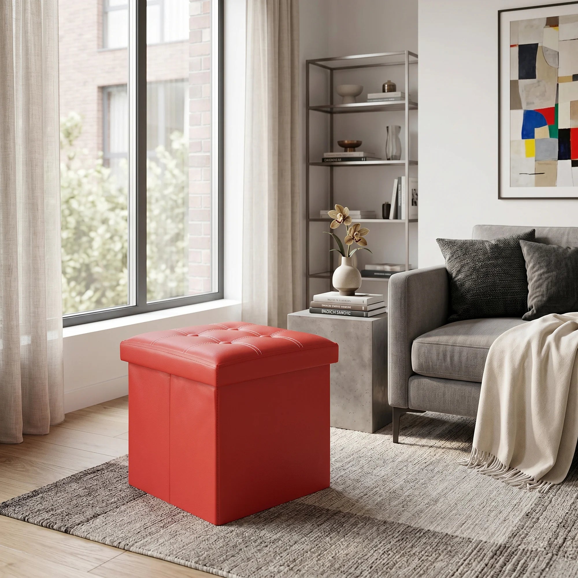 Gaura - Pouf rosso contenitore imbottito a forma di cubo