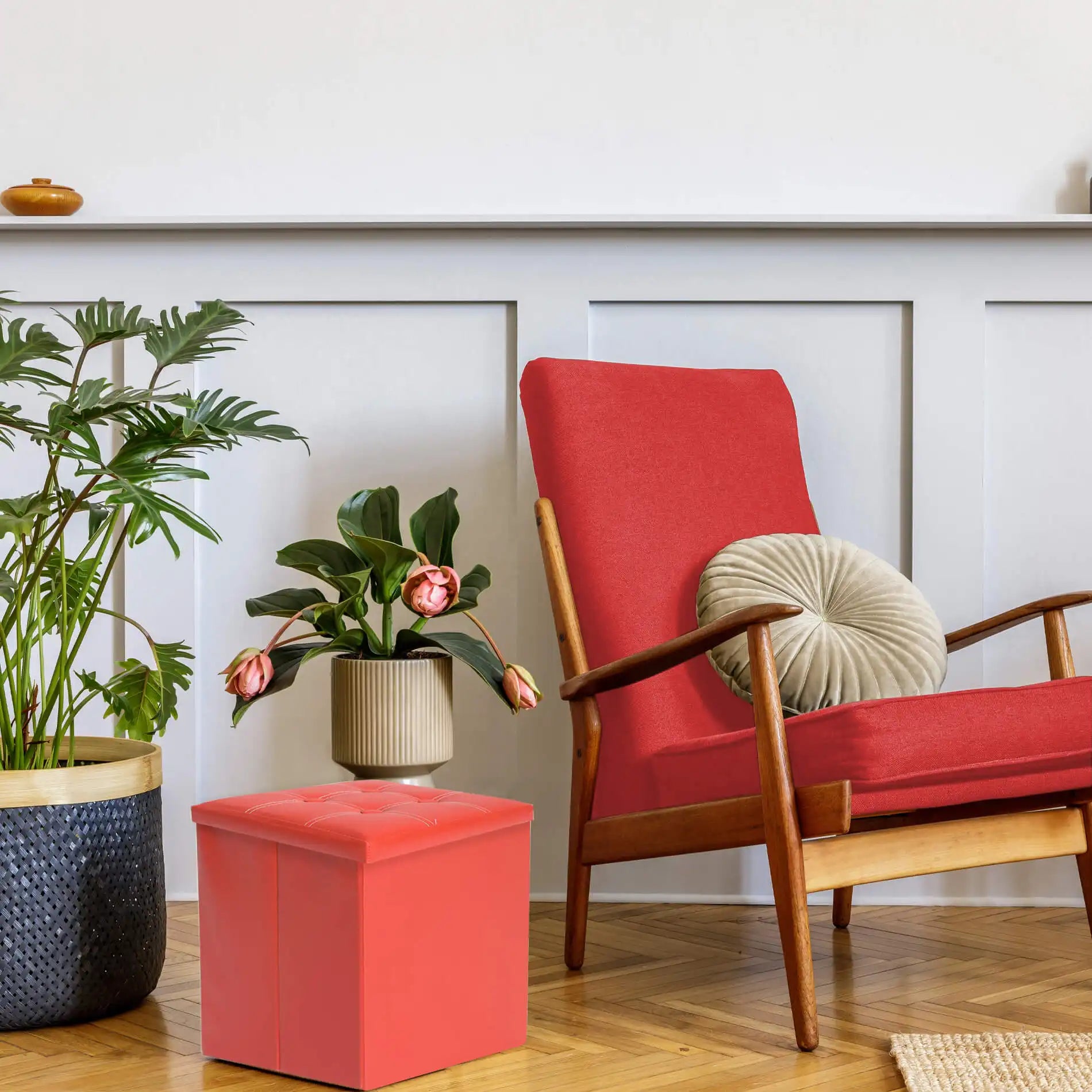 Gaura - Pouf rosso contenitore imbottito a forma di cubo