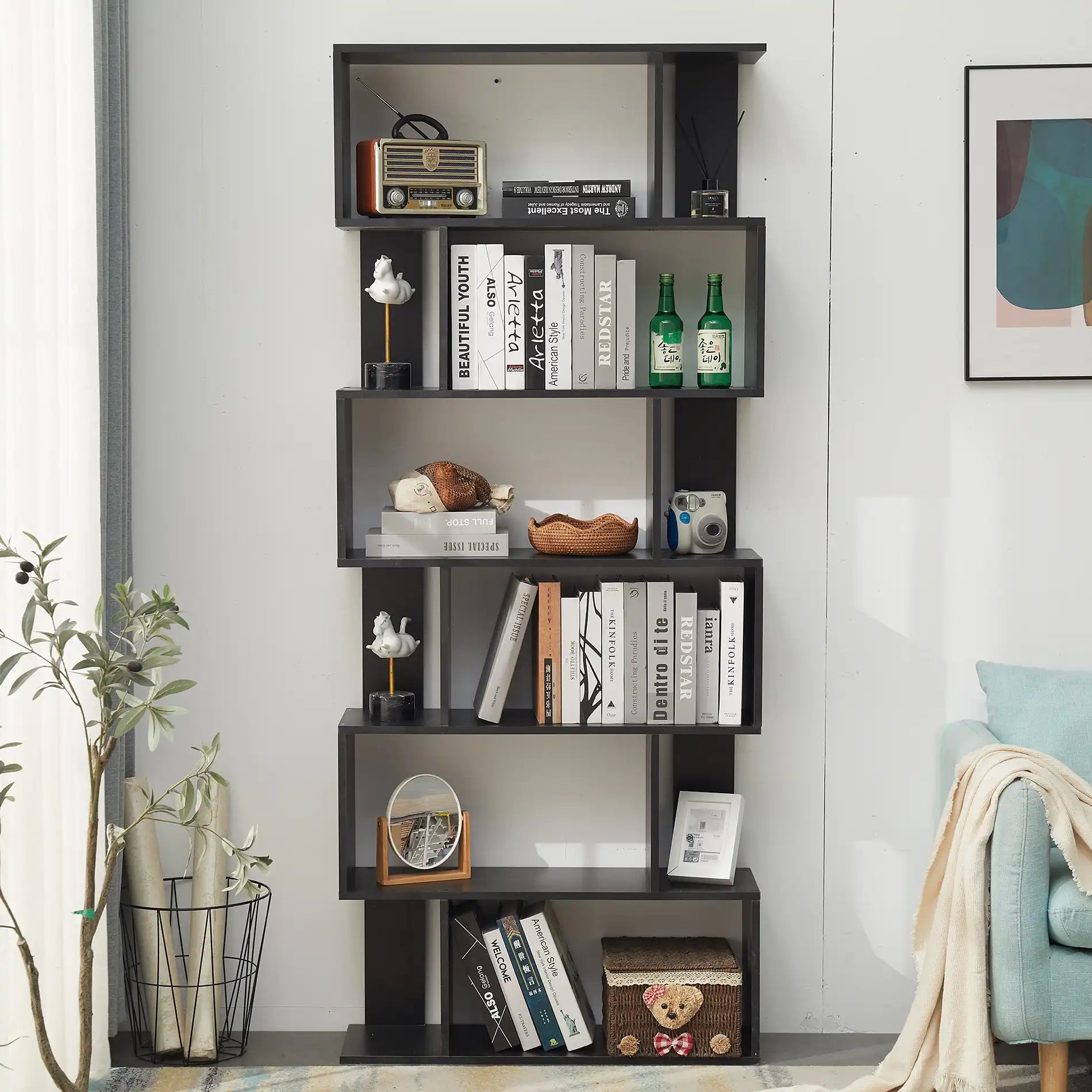 Anemone - Libreria moderna nera con 6 ripiani a scaffale