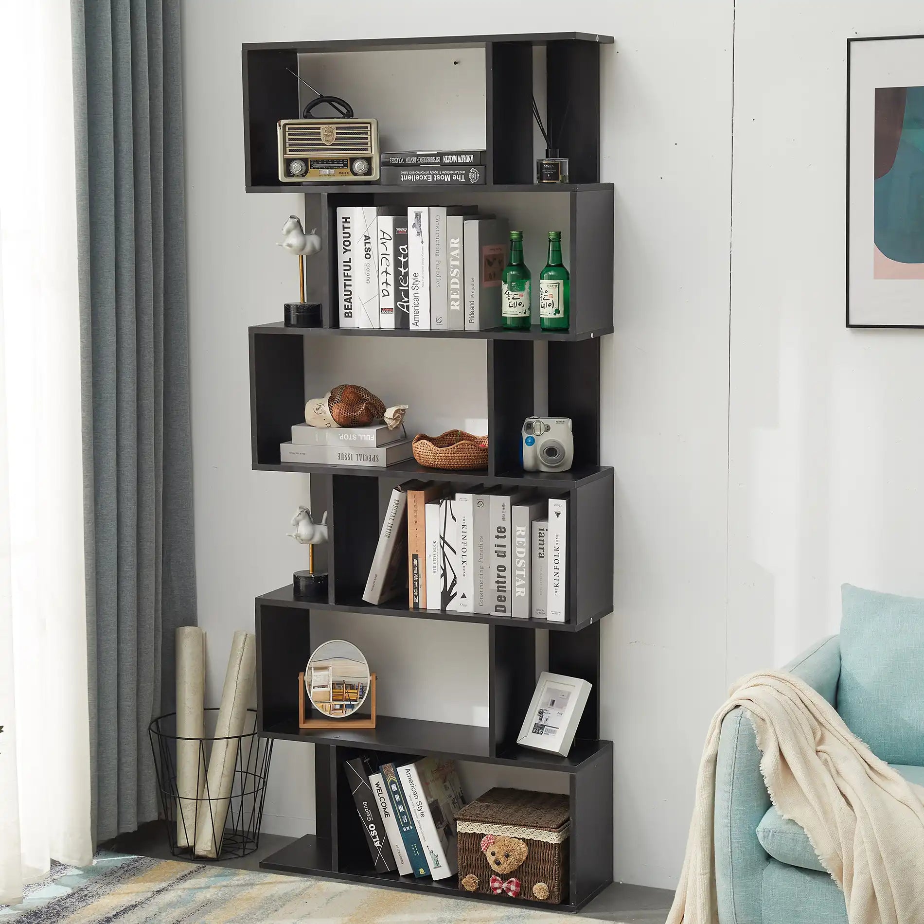Anemone - Libreria moderna nera con 6 ripiani a scaffale