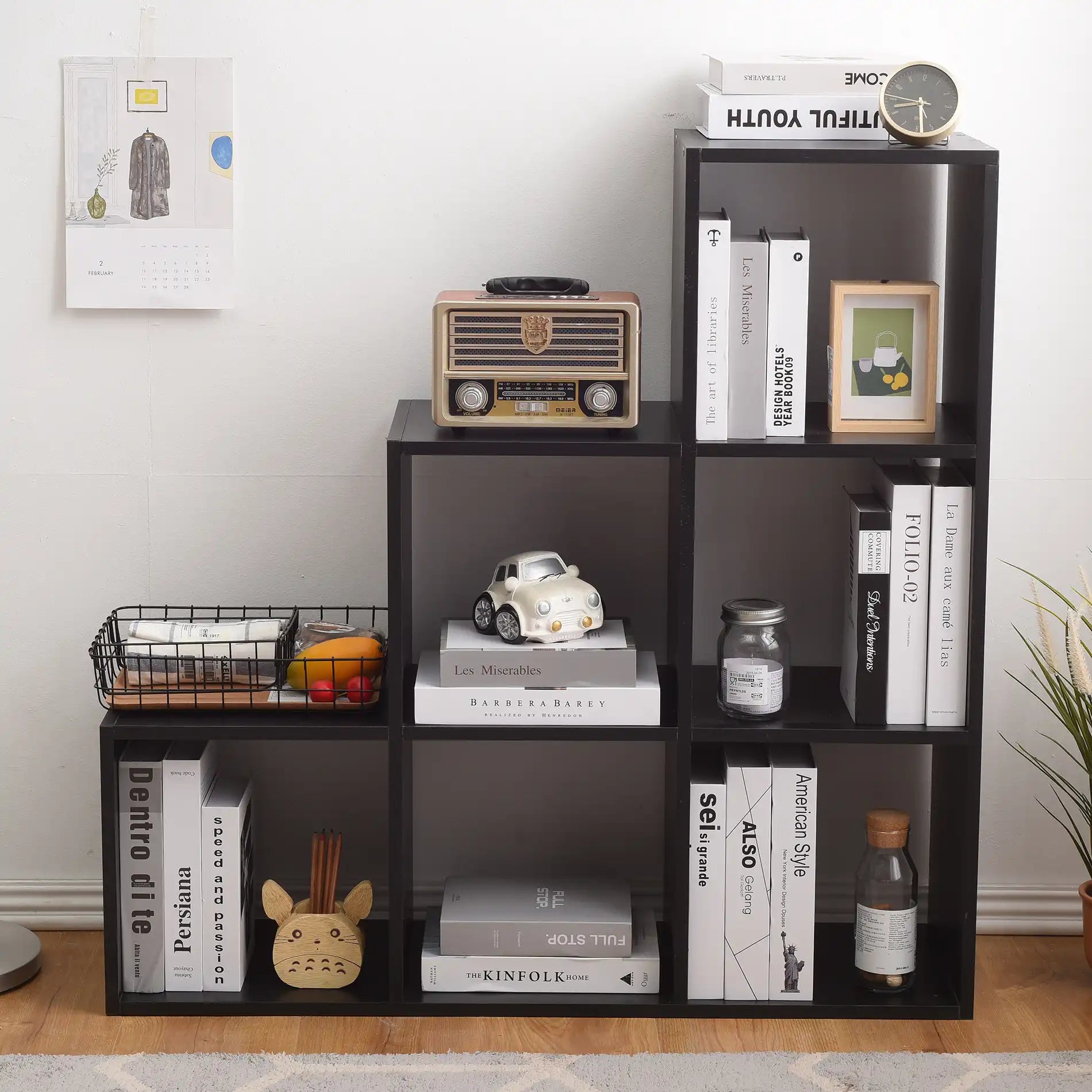 Eucalipto - Libreria nera a scala con 6 vani a cubo