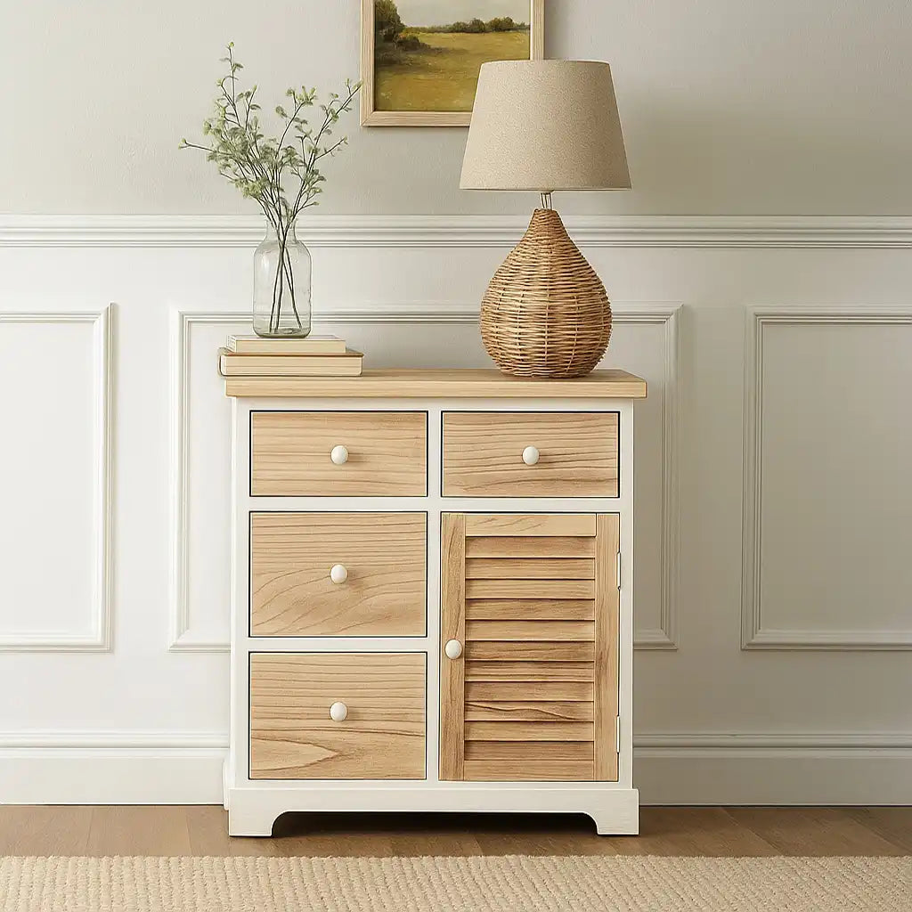 Lino - Credenza bianca con 4 cassetti e 1 anta marroni