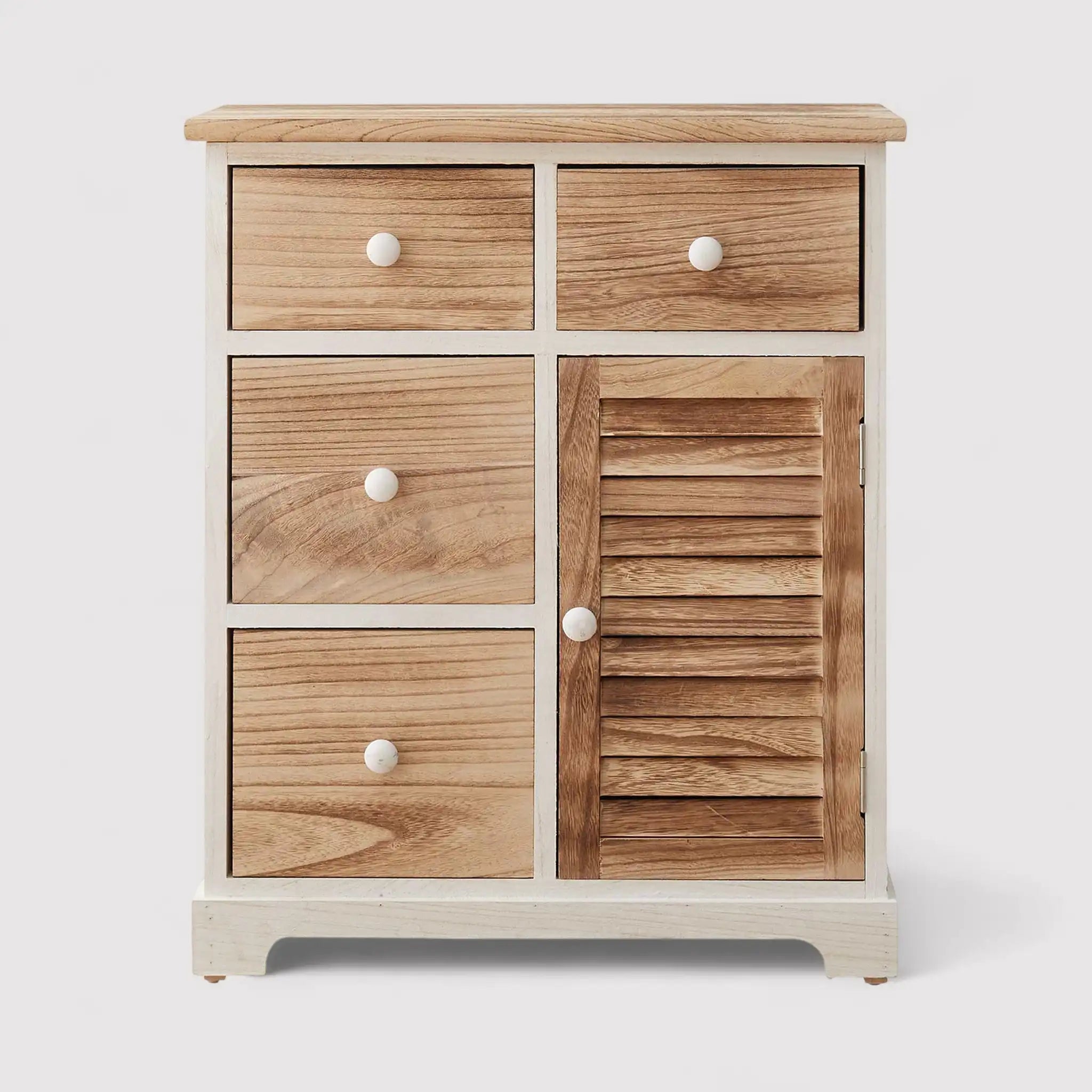 Lino - Credenza bianca con 4 cassetti e 1 anta marroni