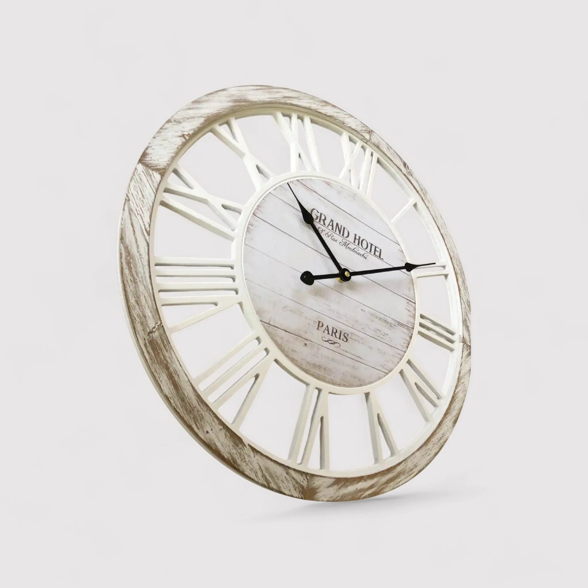 Raffia - Orologio da parete shabby in legno bianco e marrone