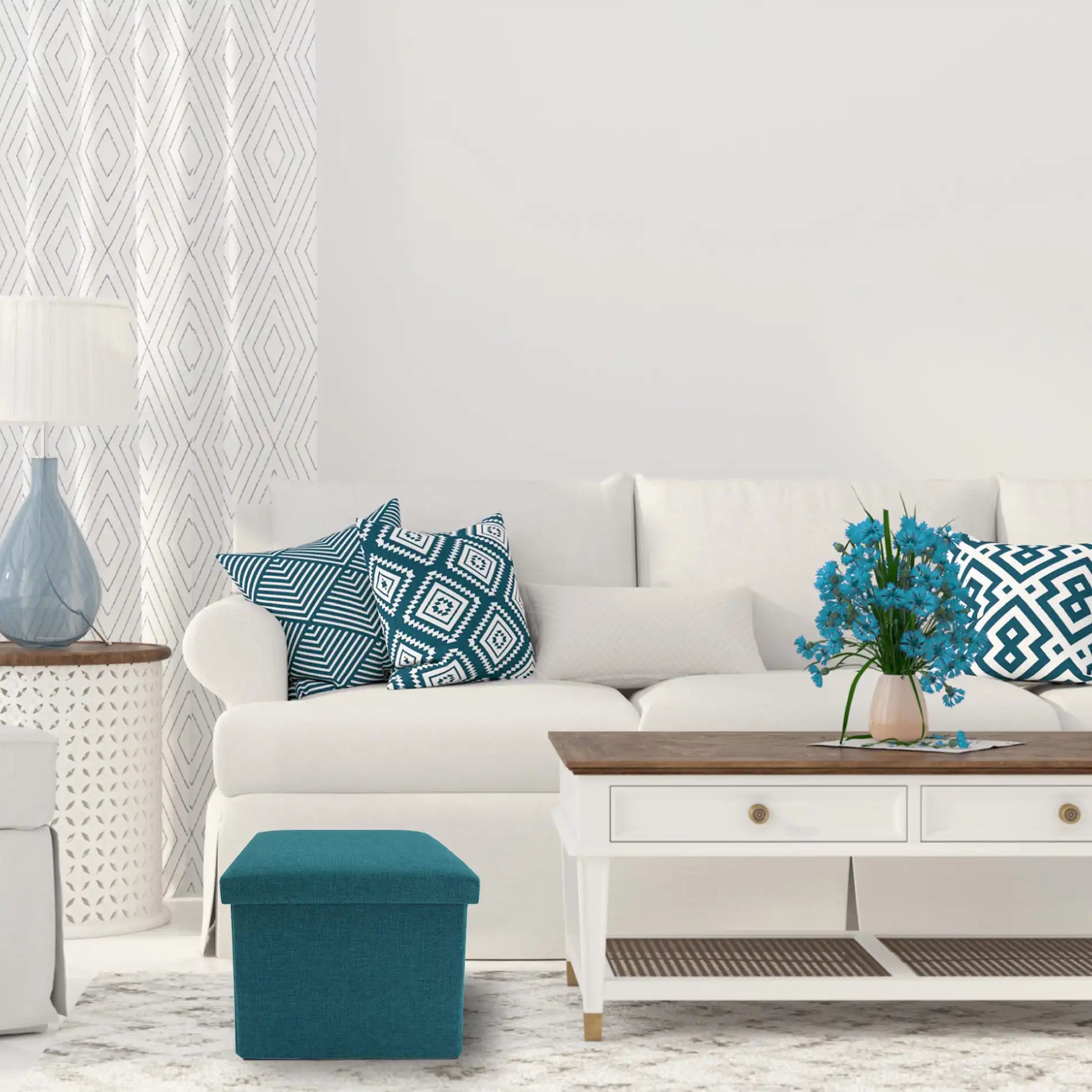 Lentisco - Pouf portaoggetti a cubo azzurro turchese pieghevole