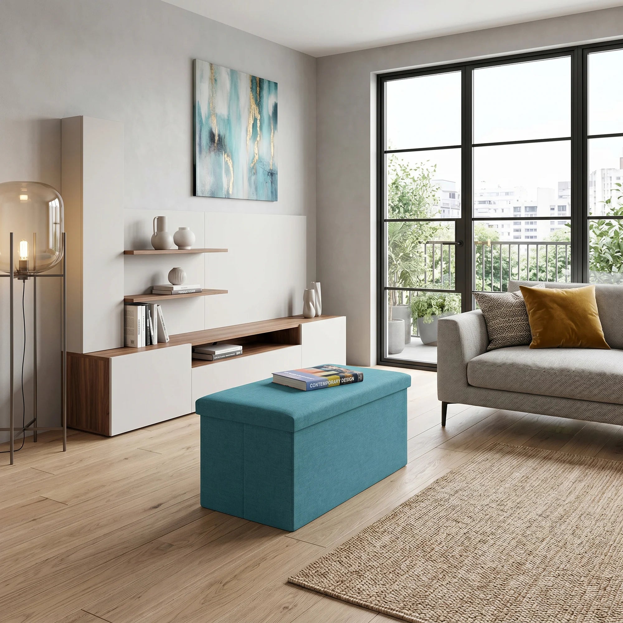 Eringio - Pouf portaoggetti rettangolare azzurro turchese