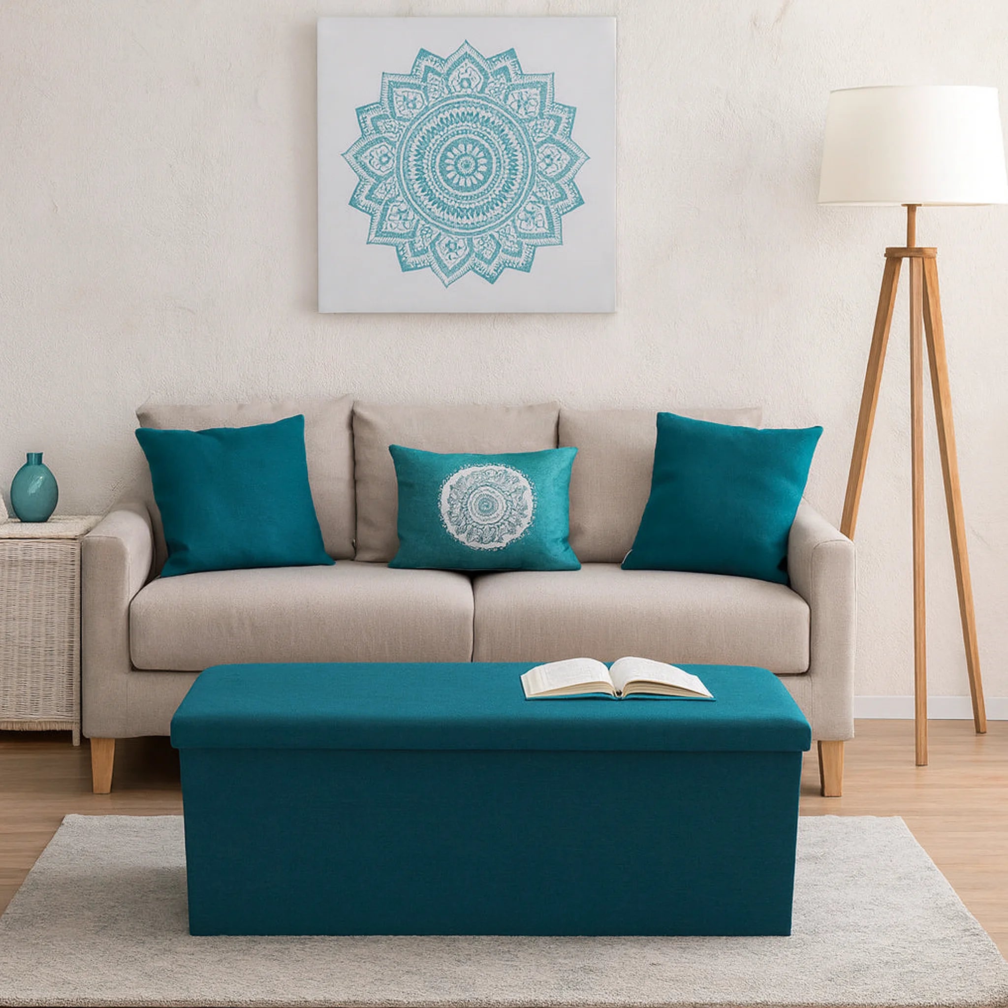 Ceiba - Pouf a panca contenitore azzurro in stile coastal