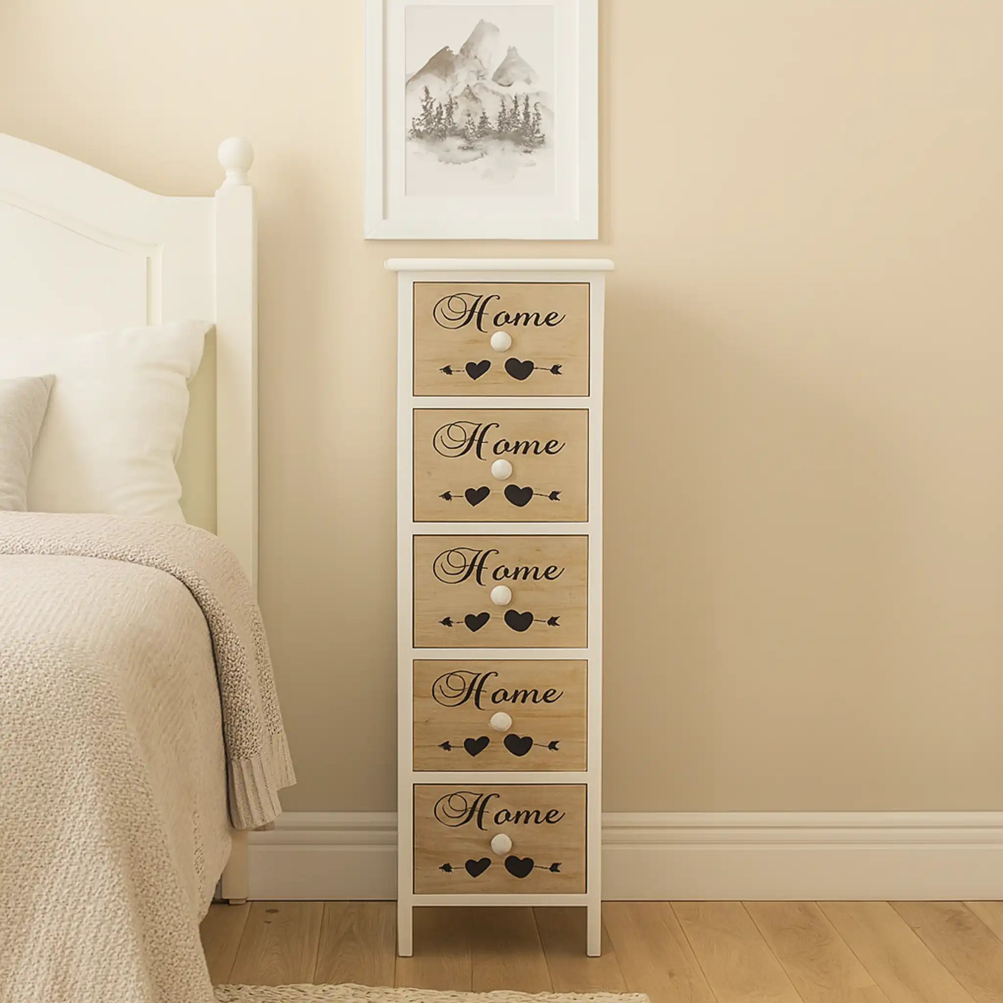 Achillea - Cassettiera alta con 5 cassetti e scritte