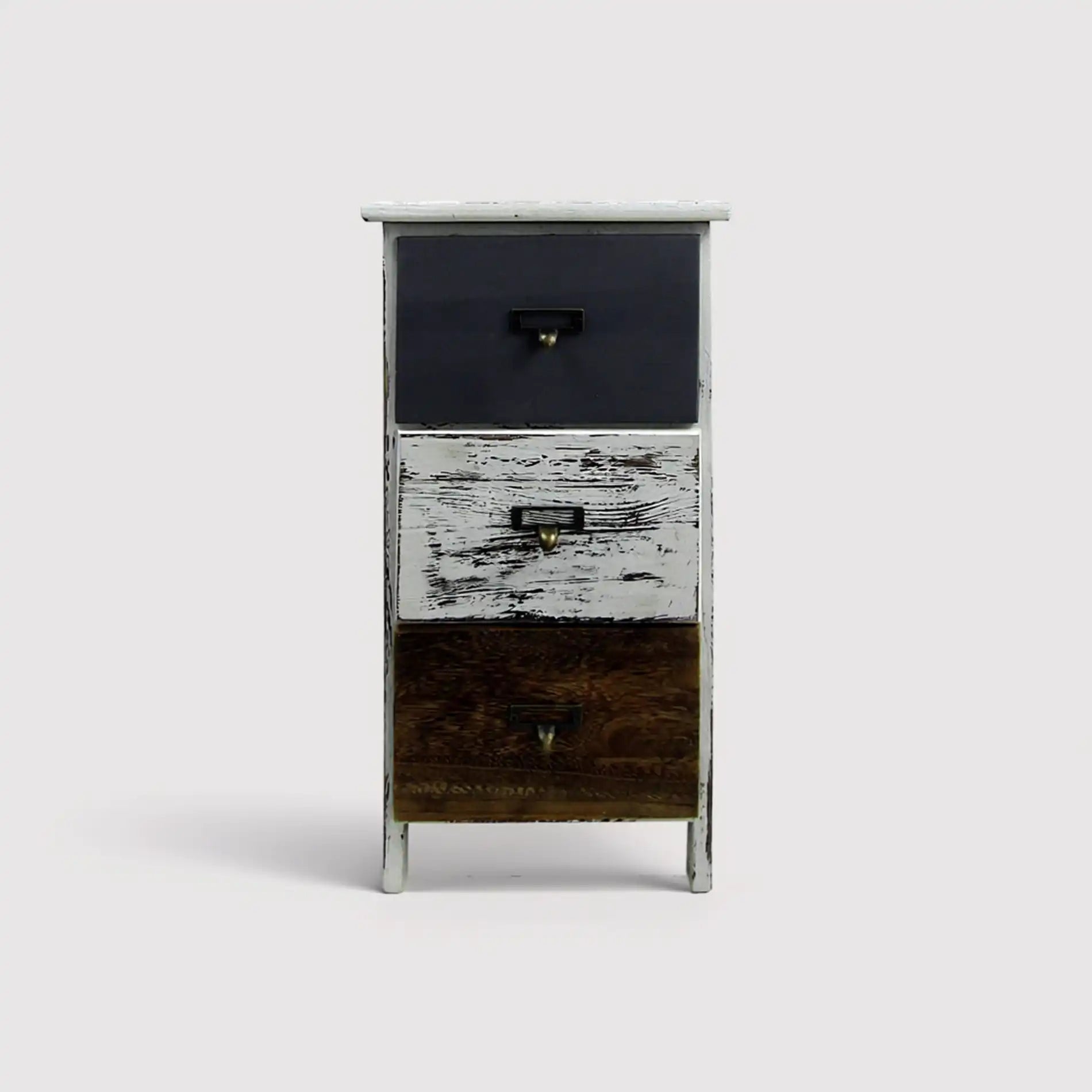 Celosia - Comodino decapato marrone e grigio con 3 cassetti