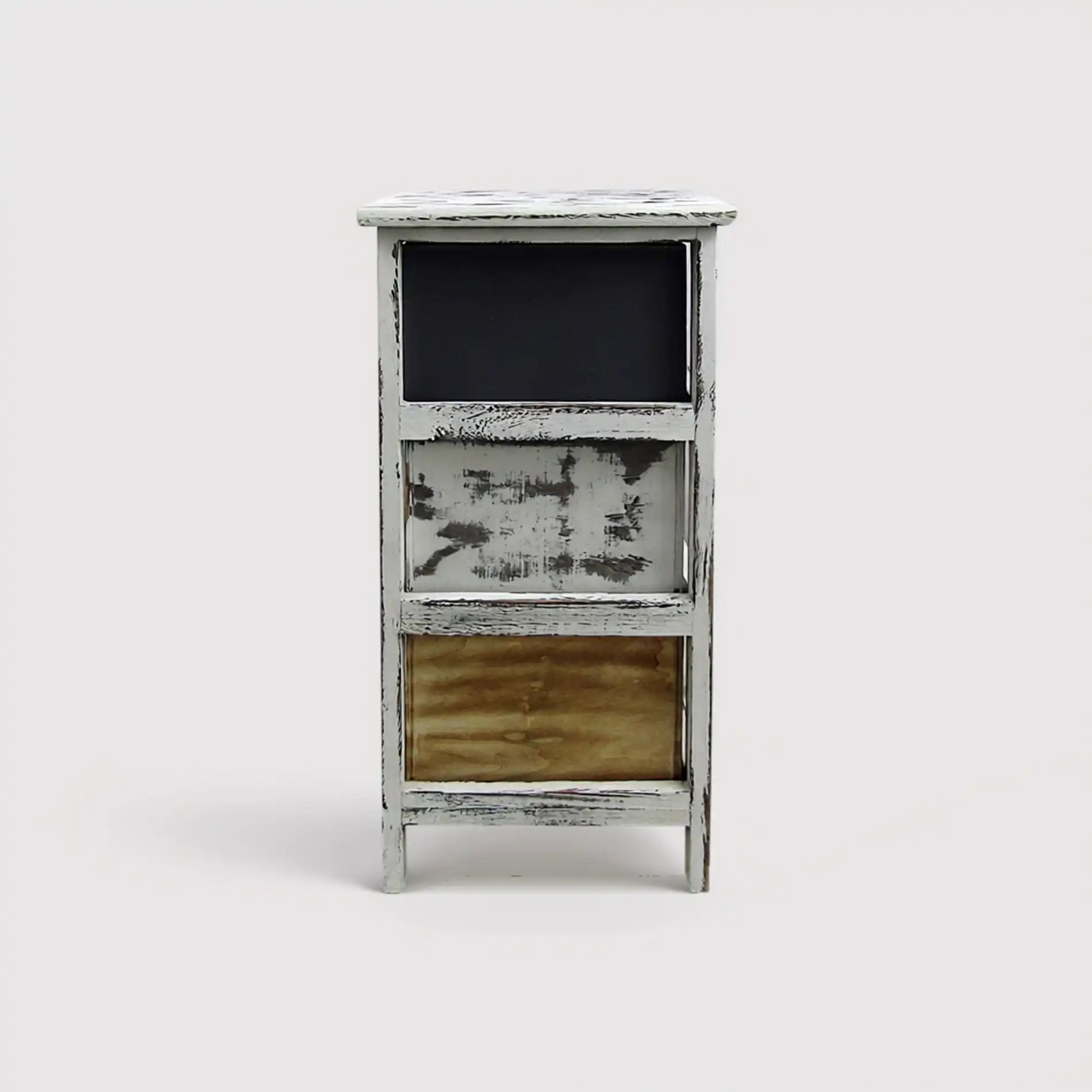 Celosia - Comodino decapato marrone e grigio con 3 cassetti