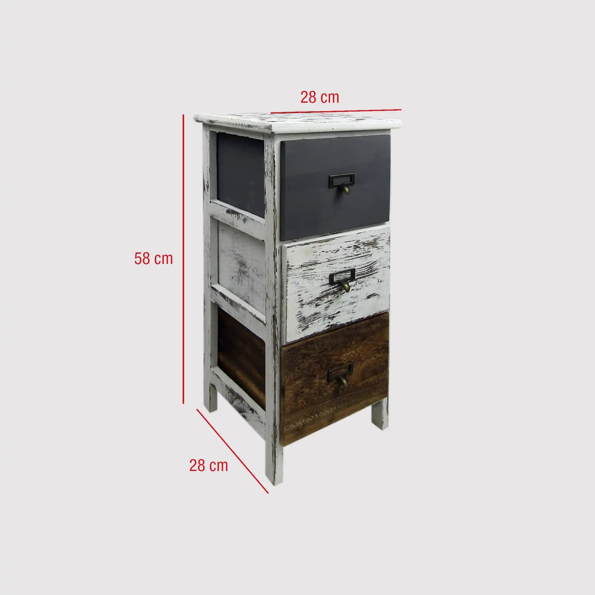 Celosia - Comodino decapato marrone e grigio con 3 cassetti