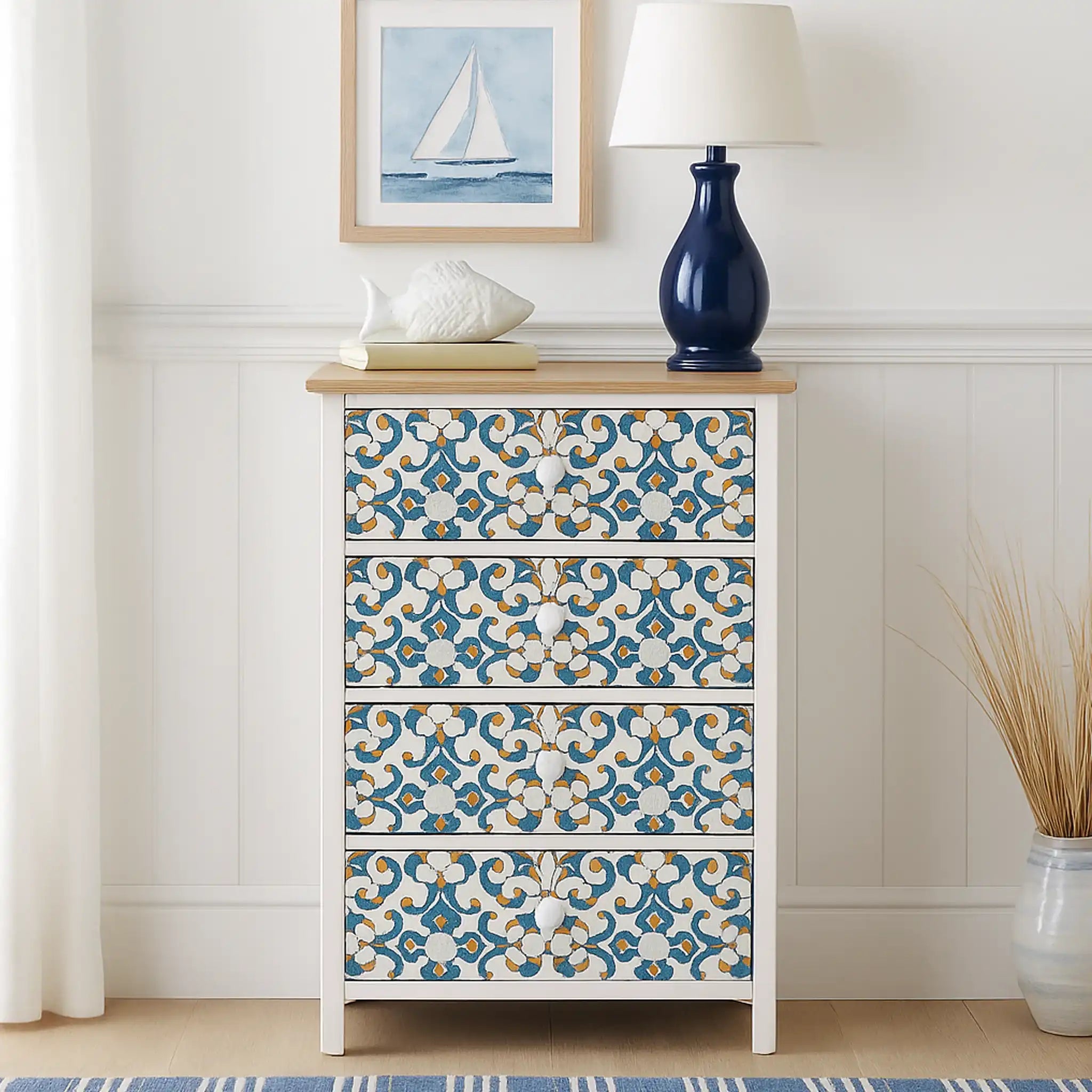 Sparto - Cassettiera in stile mediterraneo con 4 cassetti