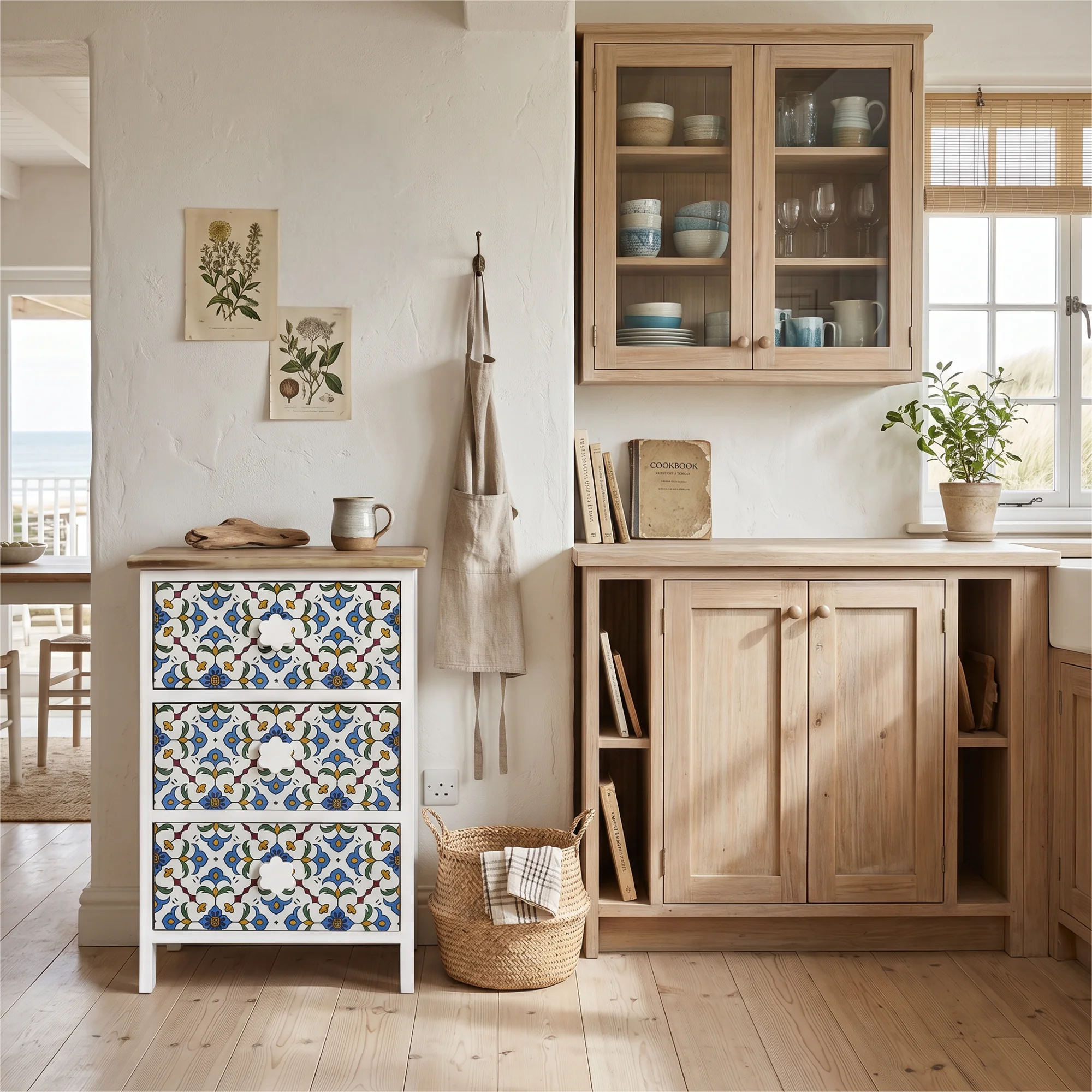 Table de chevet décorée avec majolique et de bois naturel
