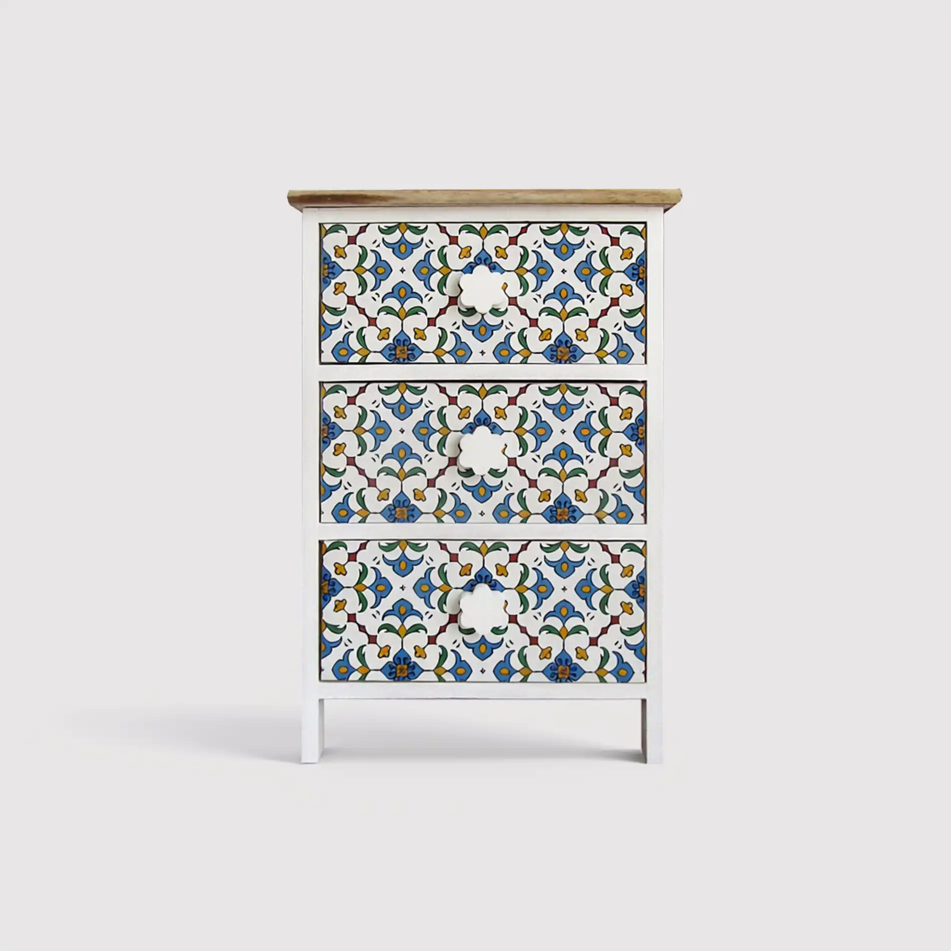 Tecoma - Comodino decorato con maioliche e in legno naturale