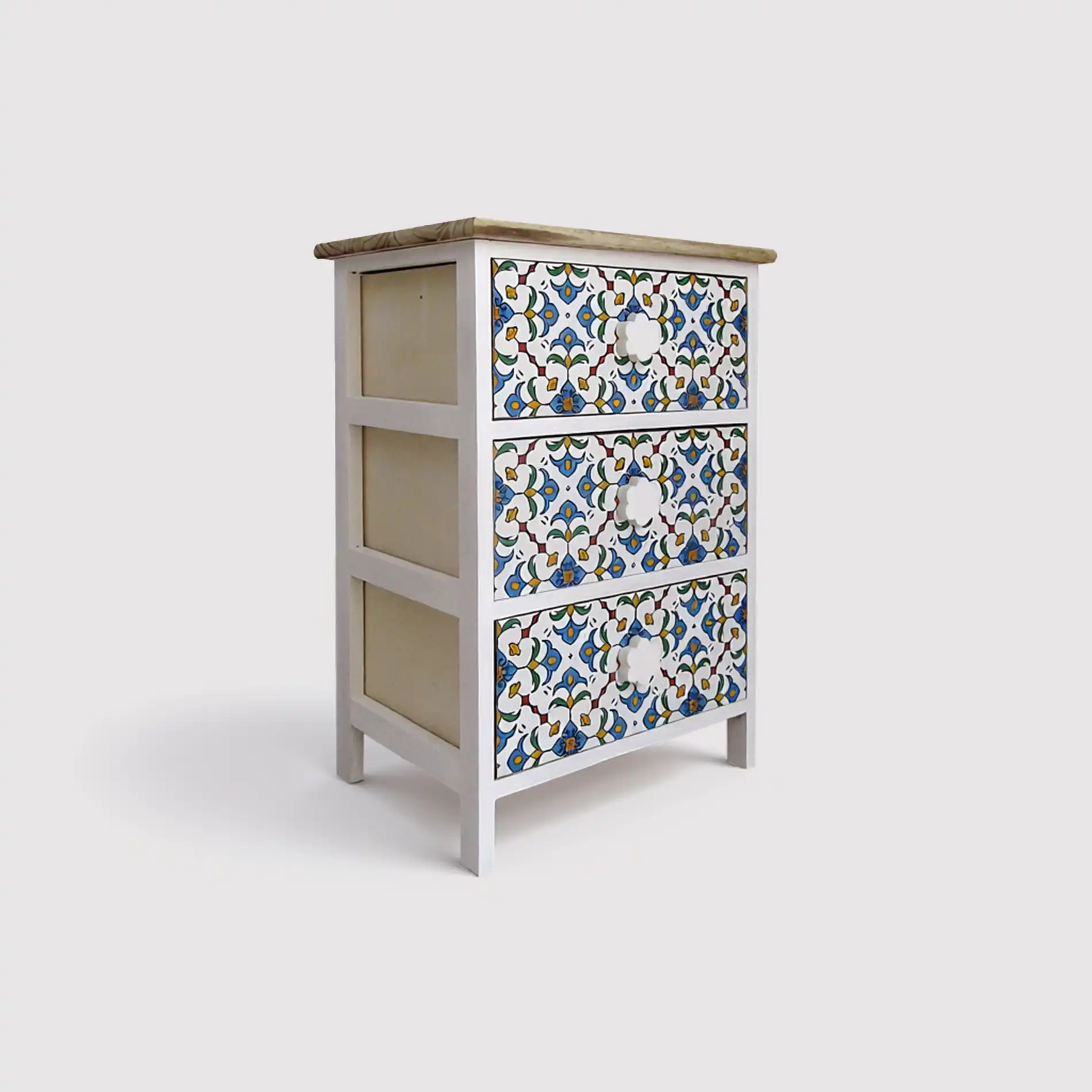 Tecoma - Comodino decorato con maioliche e in legno naturale