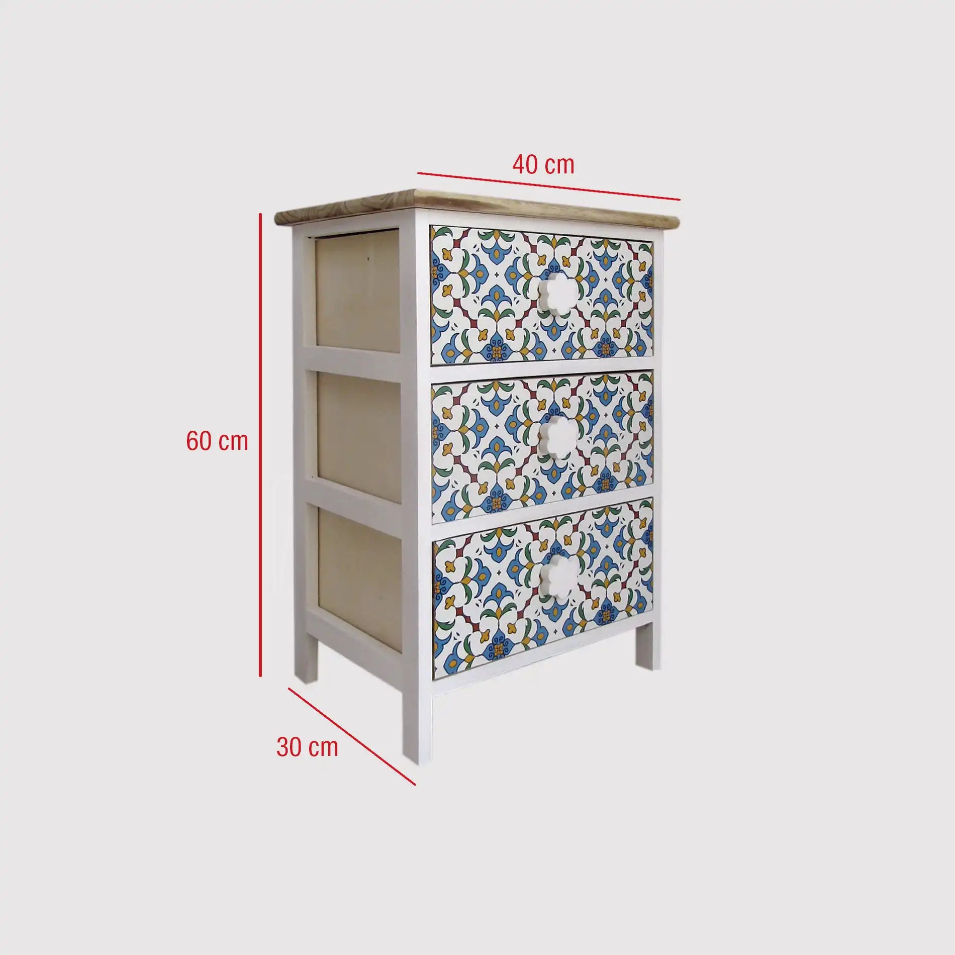 Tecoma - Comodino decorato con maioliche e in legno naturale