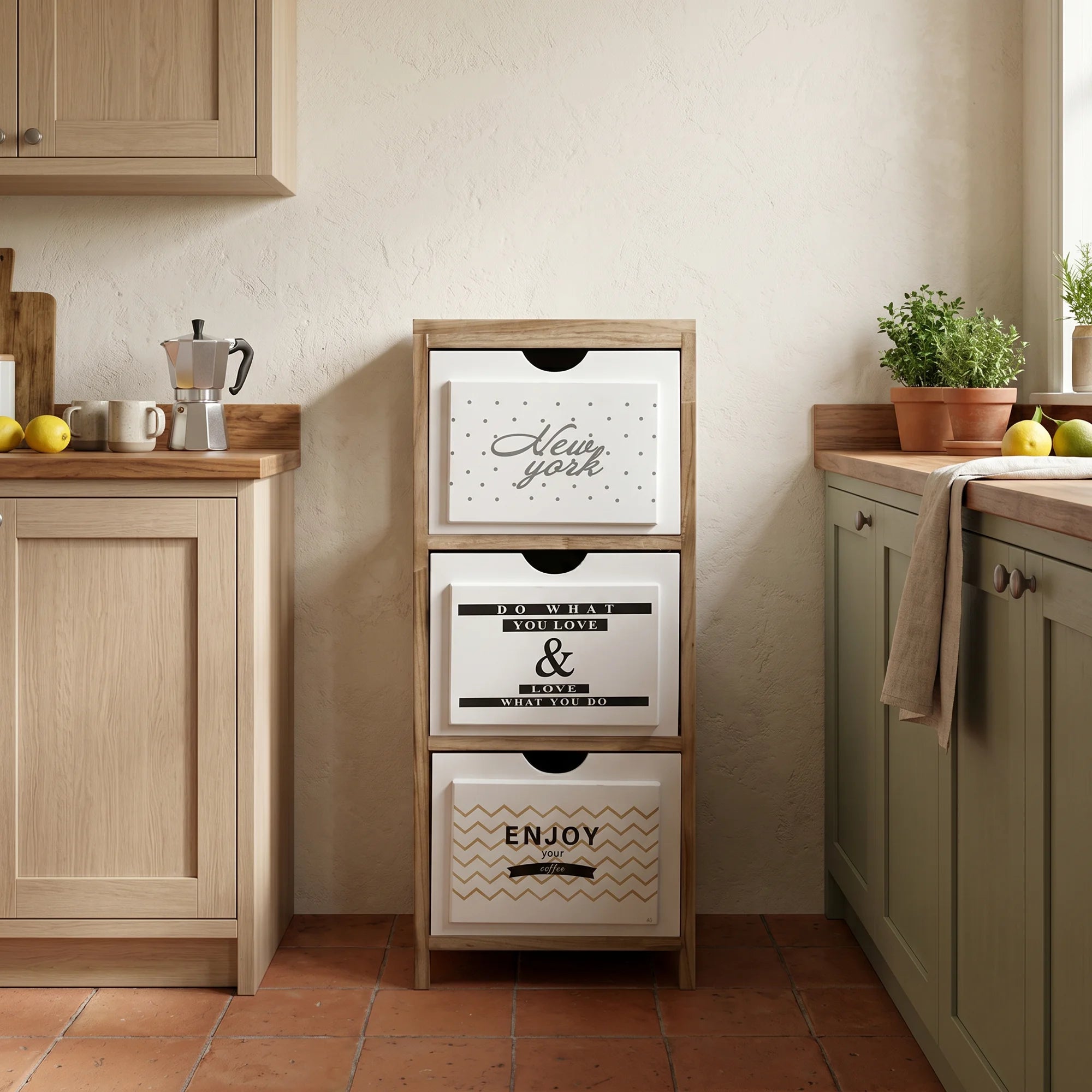 Table de chevet de style nordique avec 3 tiroirs décorés