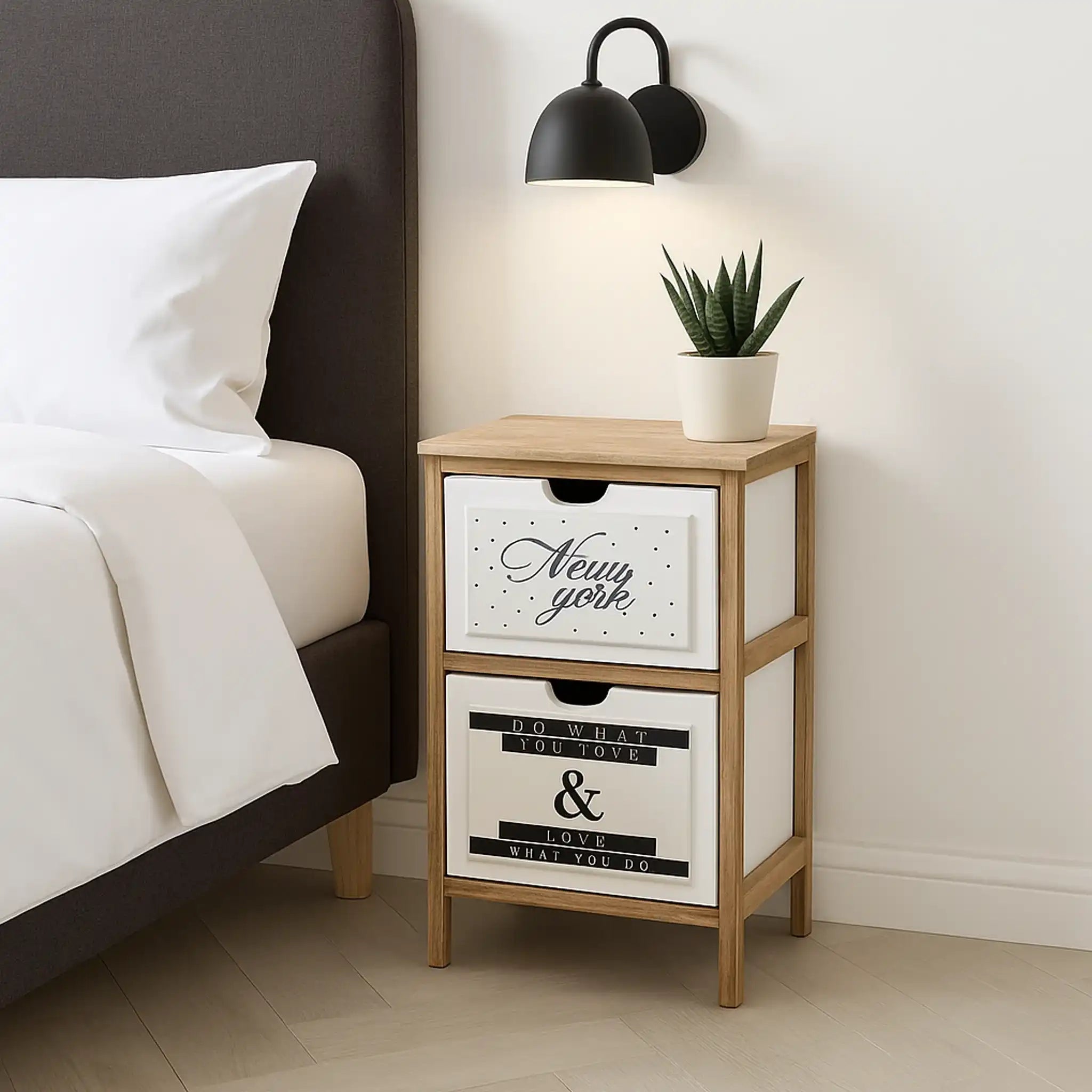 Spirea - Comodino piccolo moderno in legno con 2 cassetti