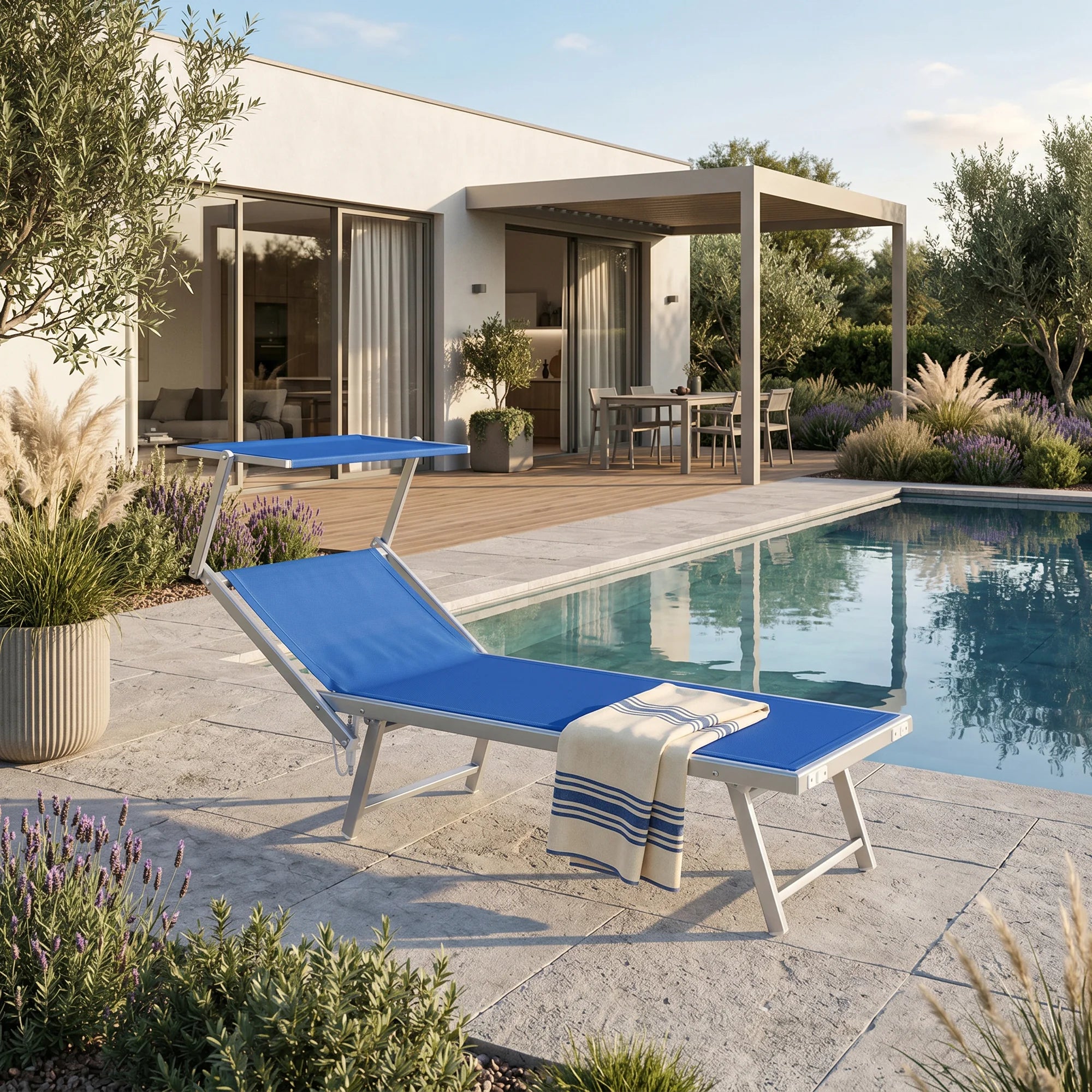 Solisia - Sdraio da giardino blu pieghevole con parasole