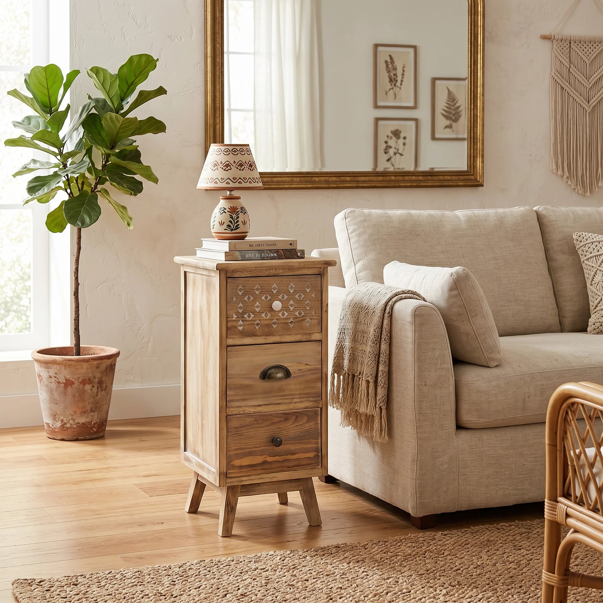 Grande table de chevet étroite de style boho avec 3 tiroirs