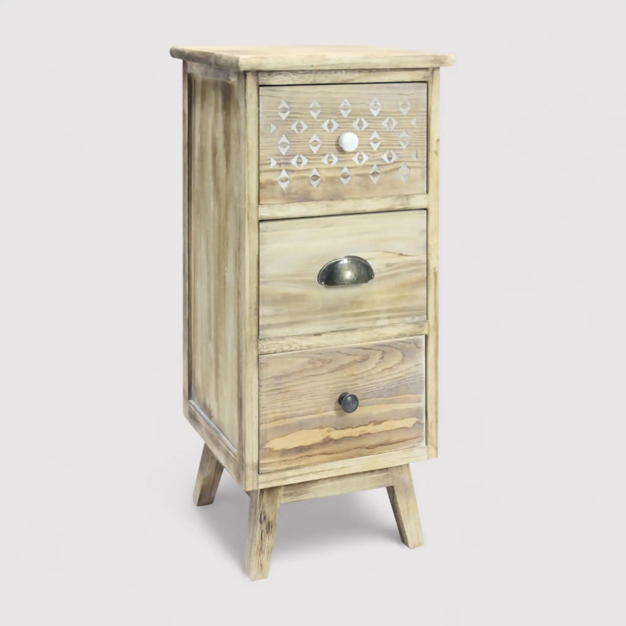 Pitaya - Comodino alto e stretto in stile boho con 3 cassetti