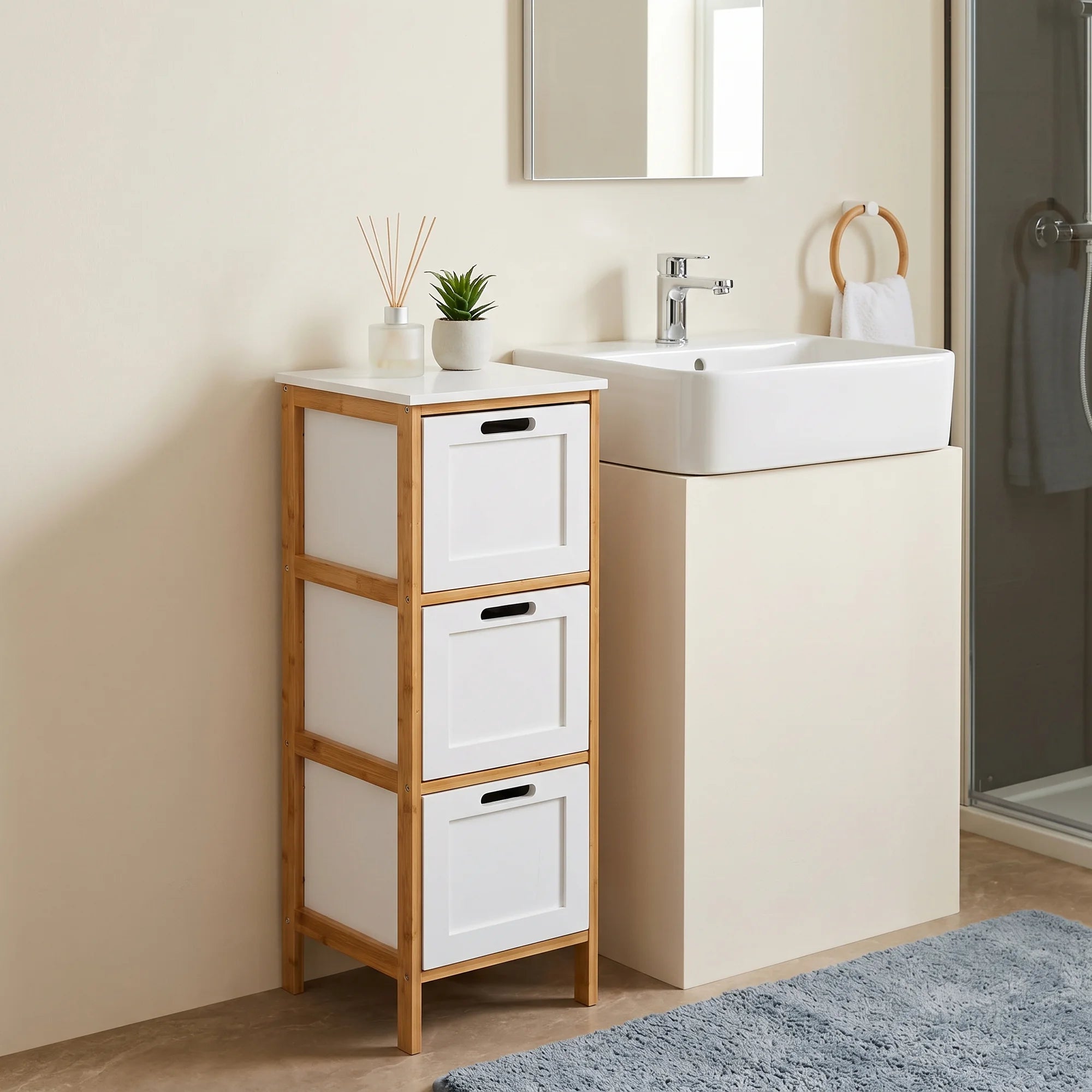 Badezimmerschrank aus Bambus mit 3 Schubladen