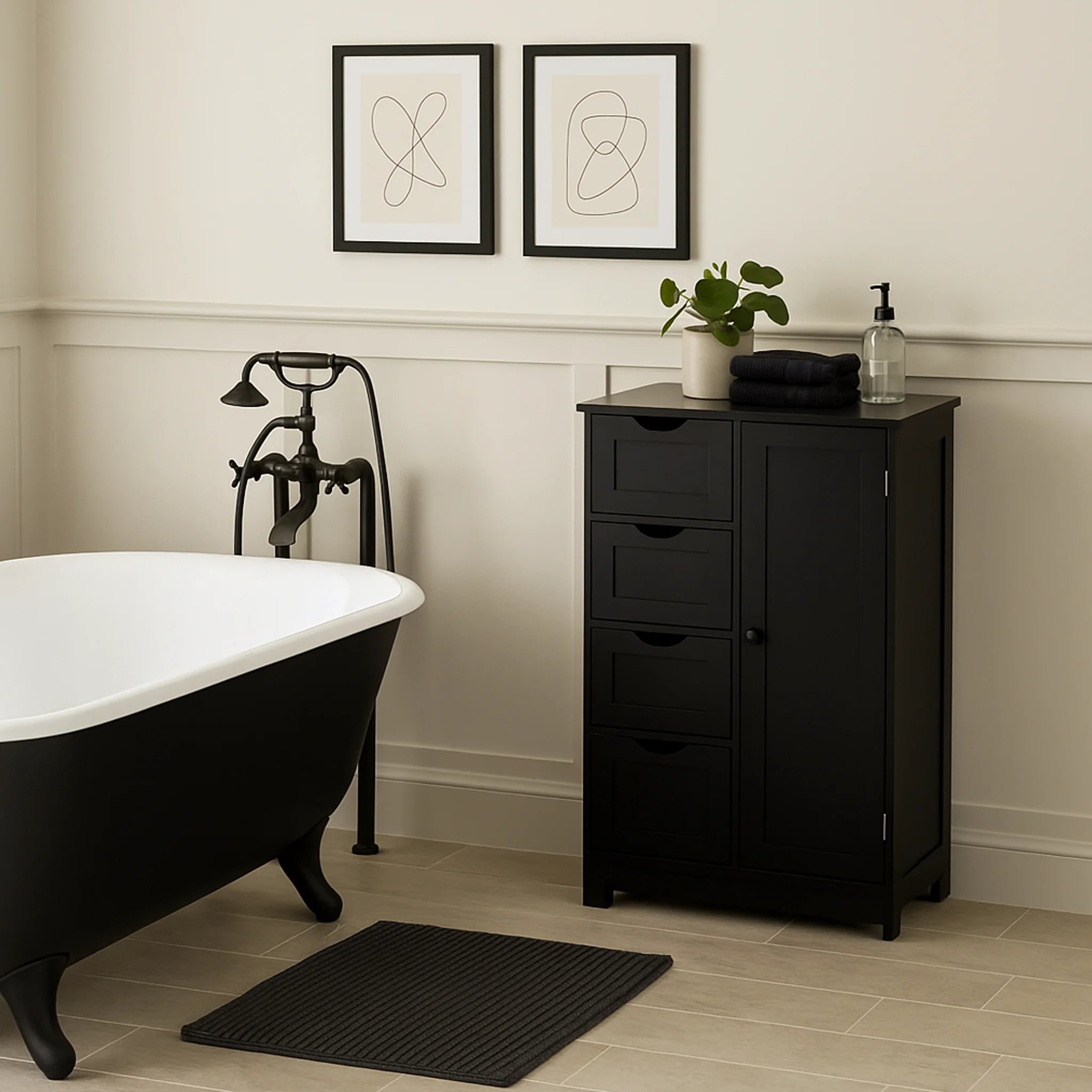 Peroba - Armadietto nero moderno con 1 anta e 4 cassetti