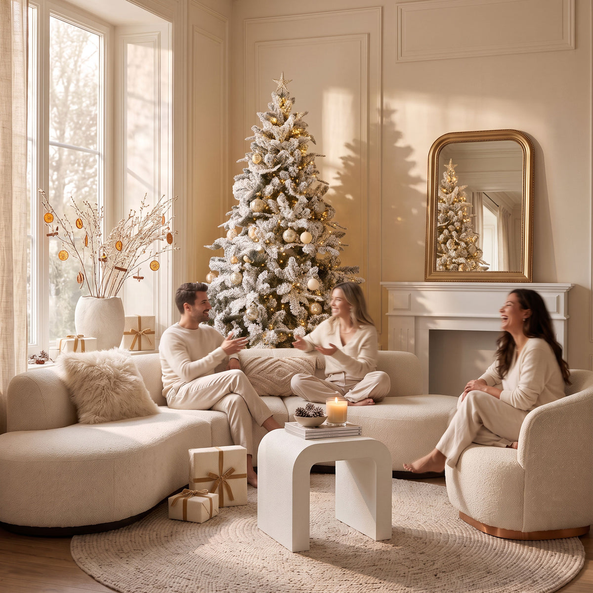 Akik - Sapin de Noël avec neige artificielle et lumières LED H 210 cm
