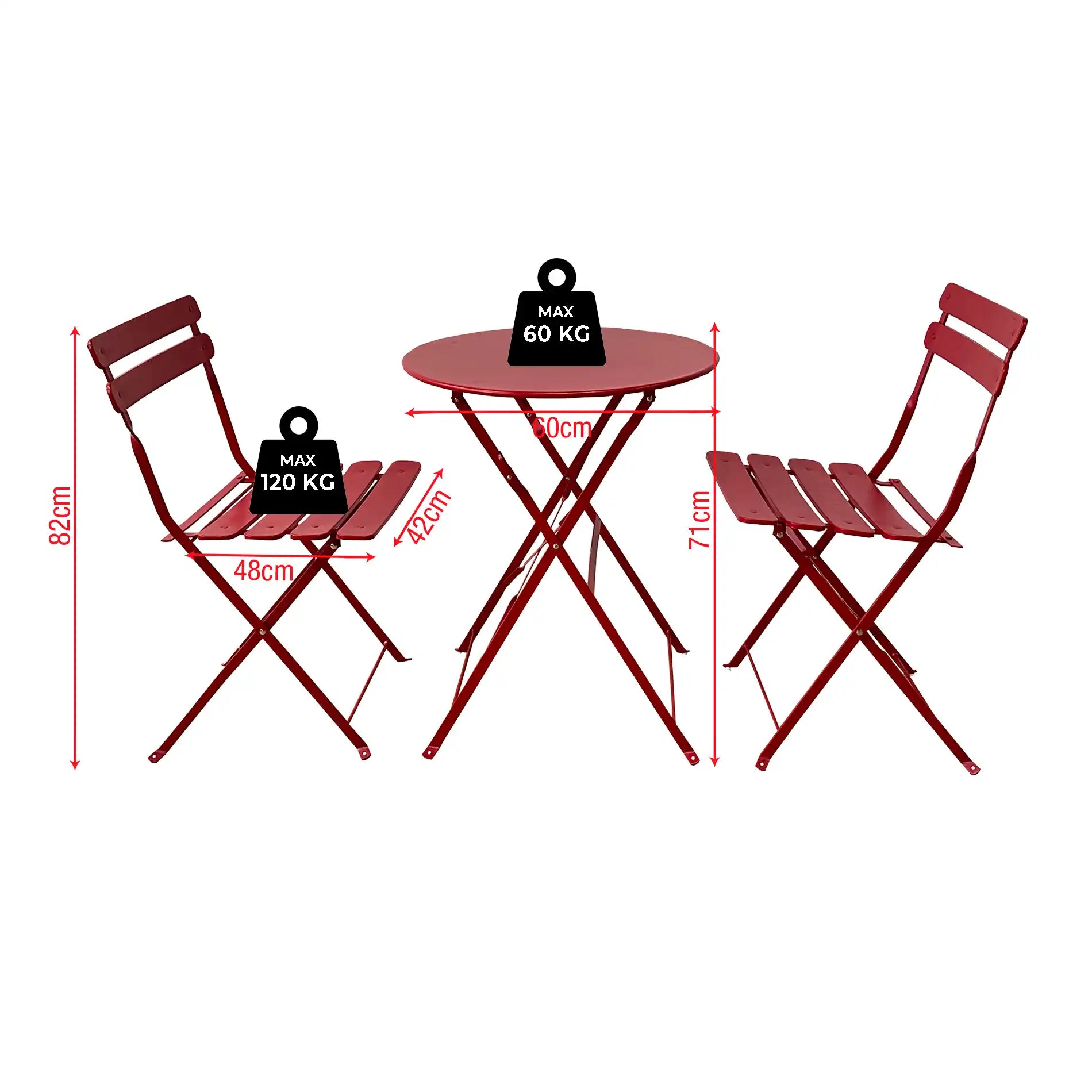 Seyal - Set bistrot rosso da esterno con tavolino e 2 sedie pieghevoli