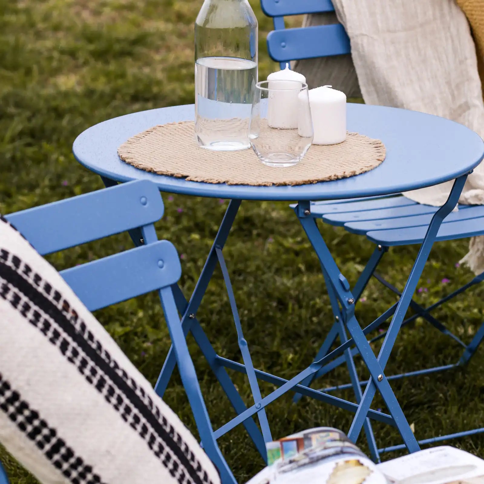 Azalea - Set tavolo e 2 sedie da balcone pieghevoli blu chiaro