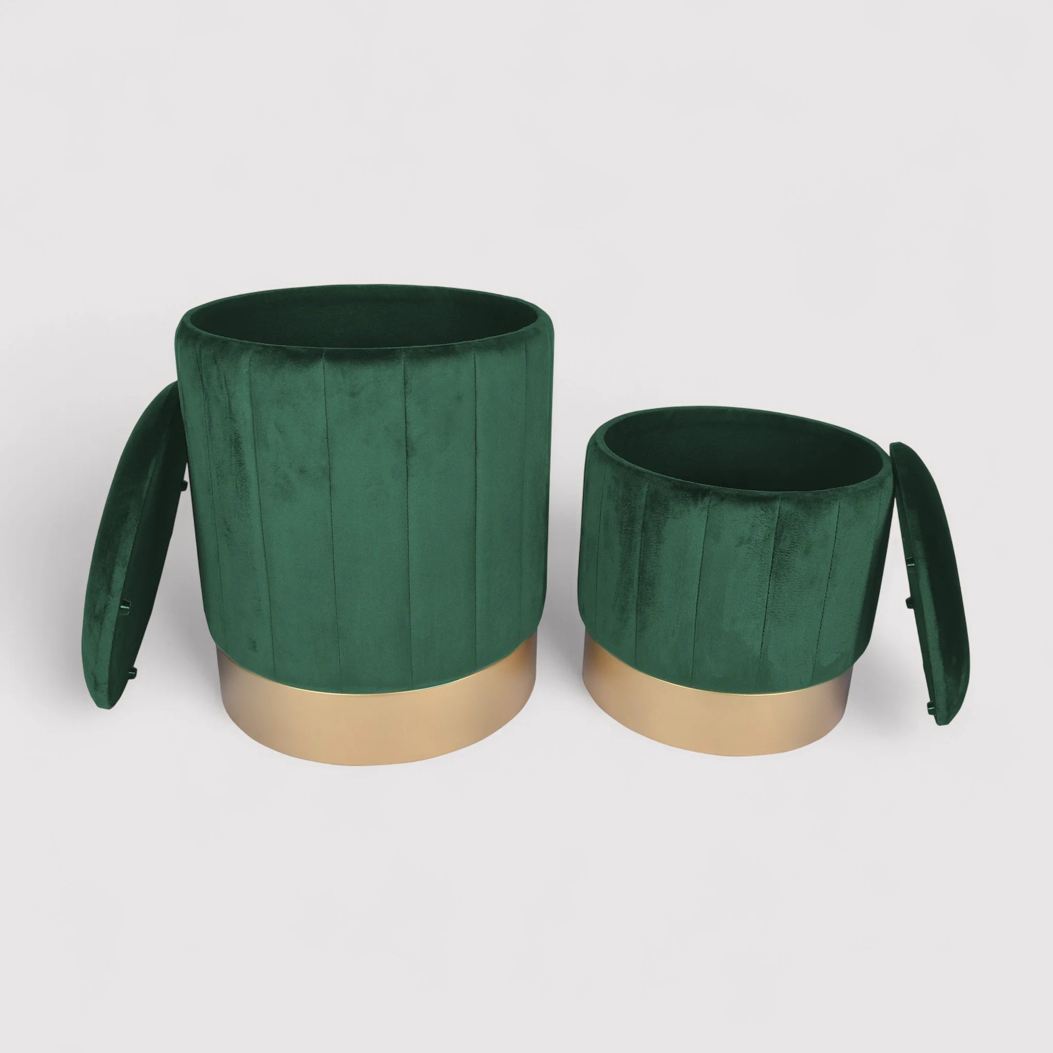 Giunco - Set di 2 pouf in velluto verdi con contenitore