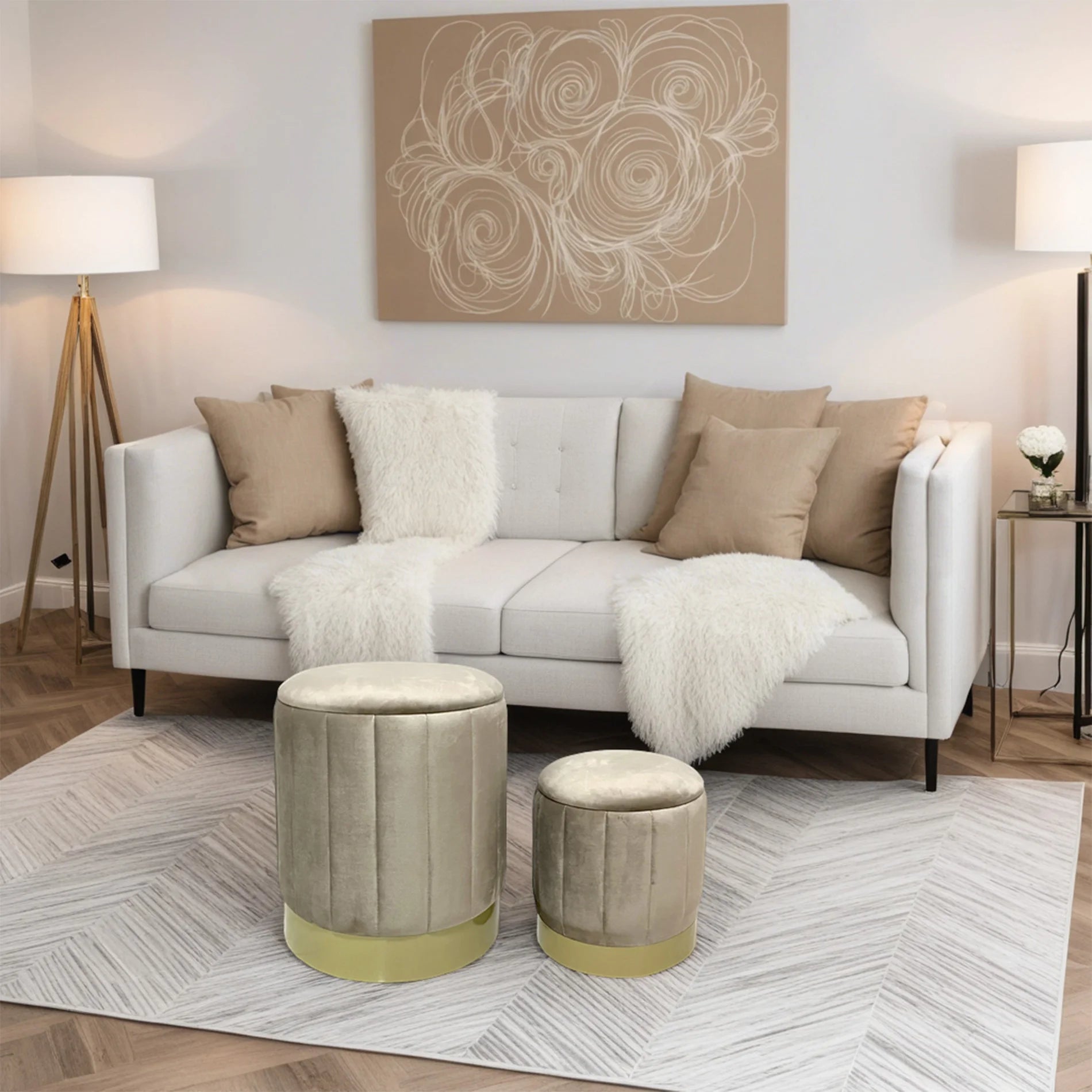 Entelea - Set di 2 pouf beige in velluto con contenitore