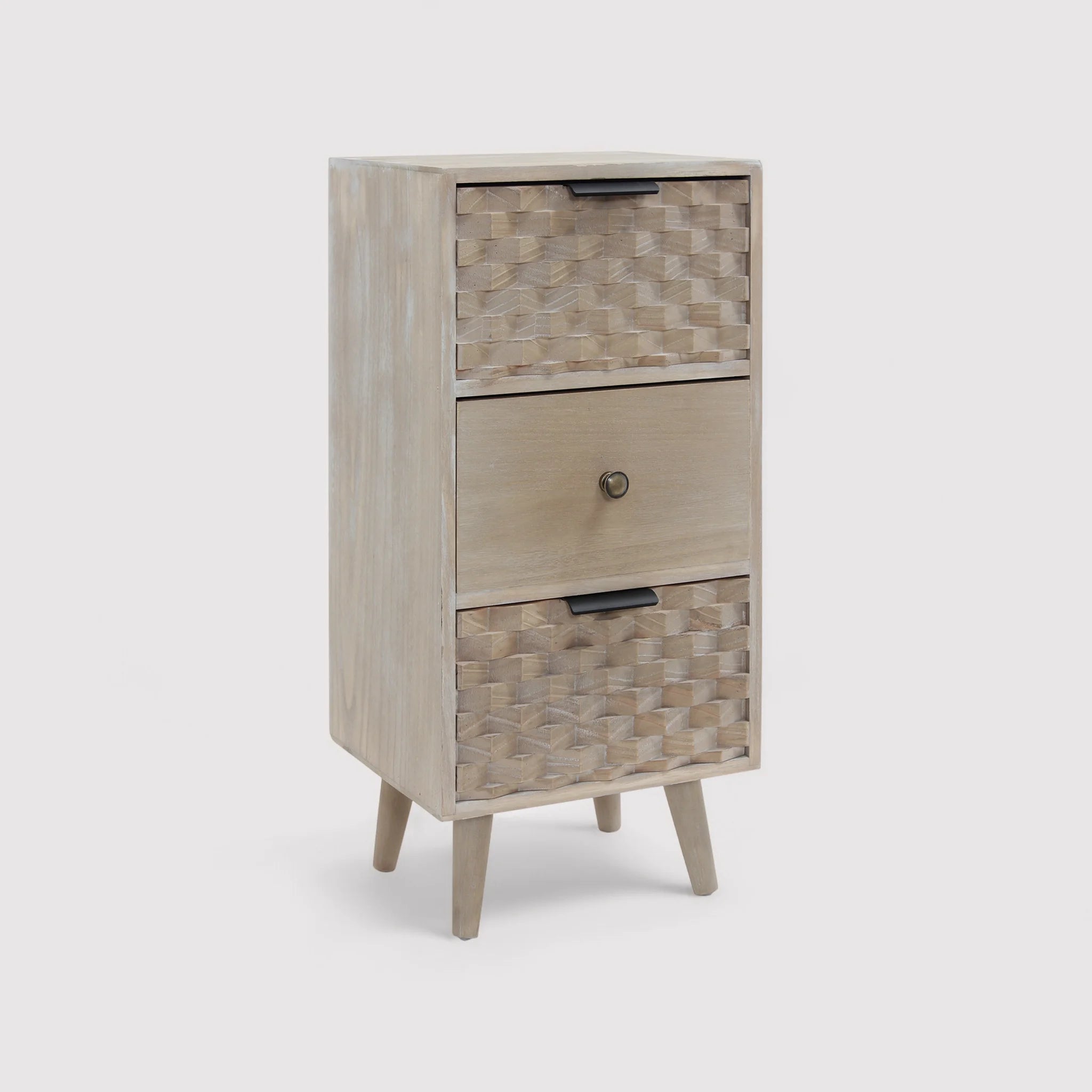 Crinum - Comodino stretto in legno naturale con 3 cassetti