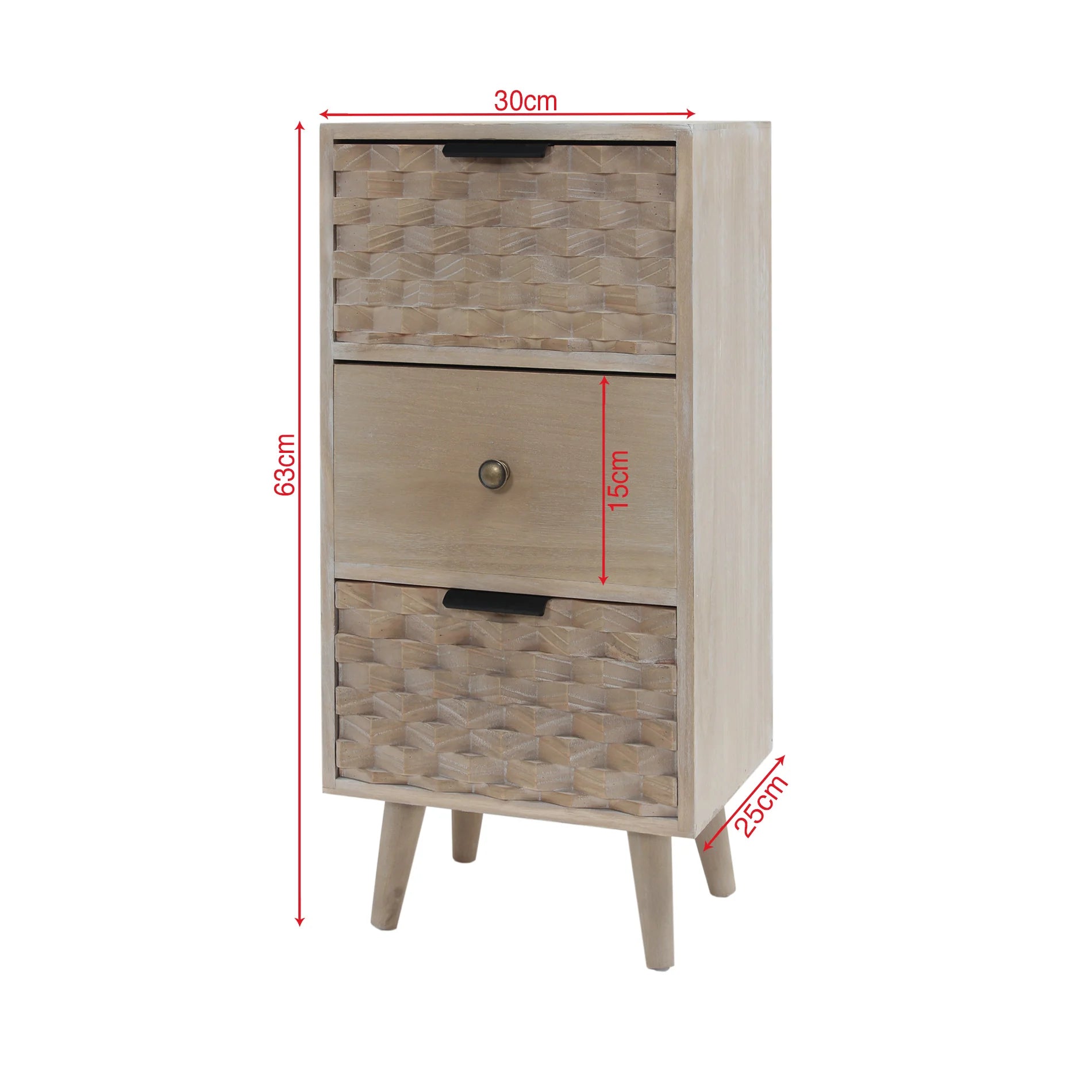 Crinum - Comodino stretto in legno naturale con 3 cassetti