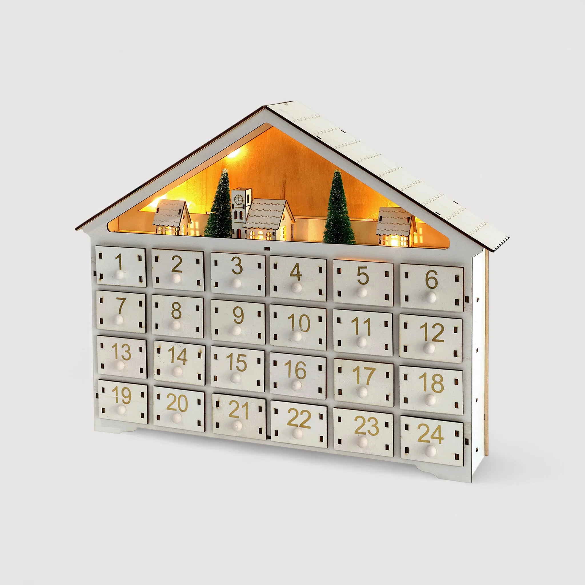 Aristea - Calendario dell'Avvento in legno con luci e cassetti