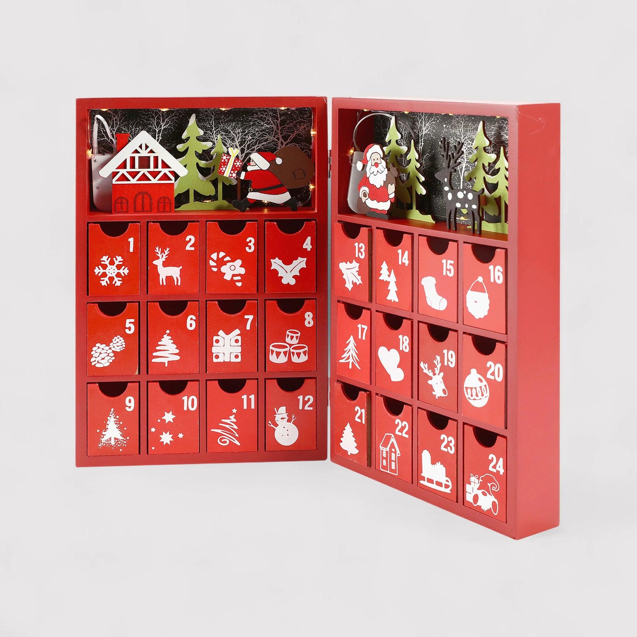 Emblica - Calendario dell'Avvento rosso con 24 cassettini e luci