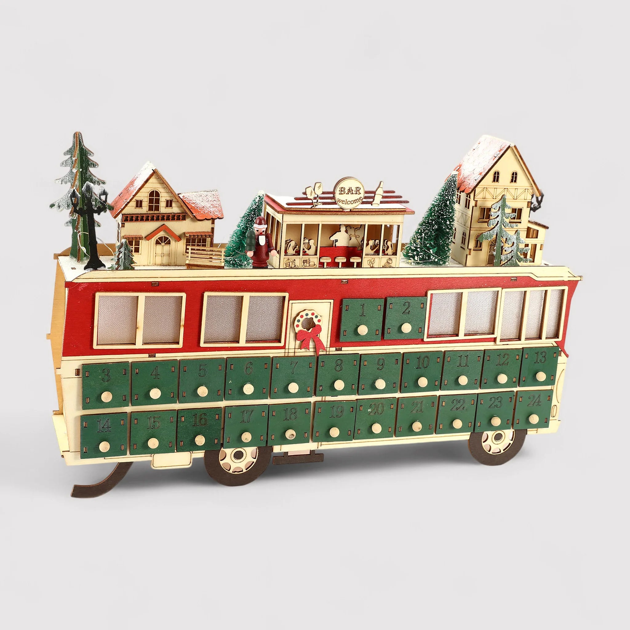 Yanagi - Calendario dell'Avvento a forma di treno con luci e cassetti