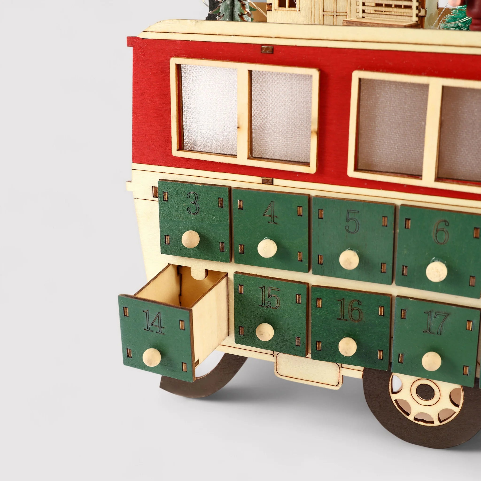 Yanagi - Calendario dell'Avvento a forma di treno con luci e cassetti