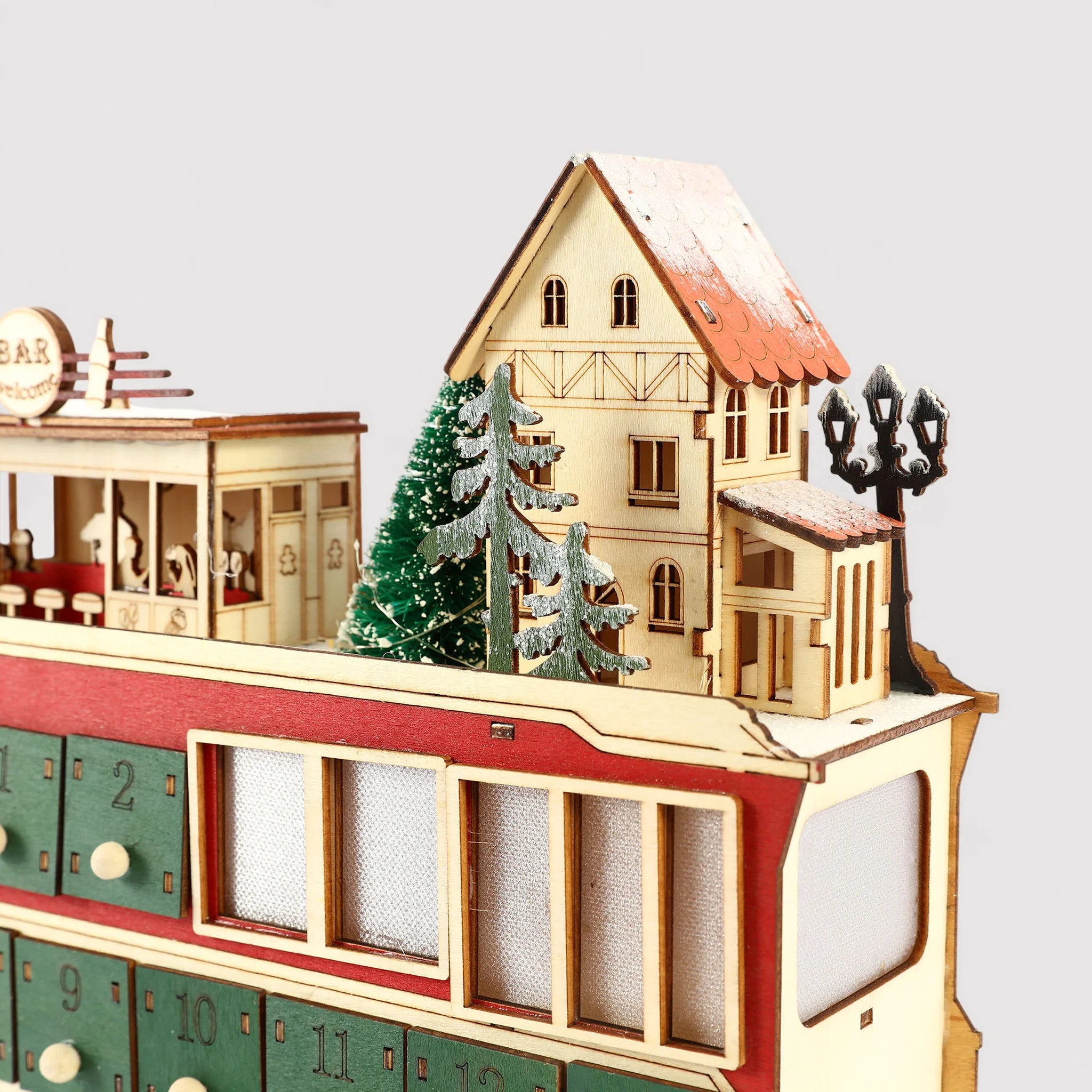 Yanagi - Calendario dell'Avvento a forma di treno con luci e cassetti